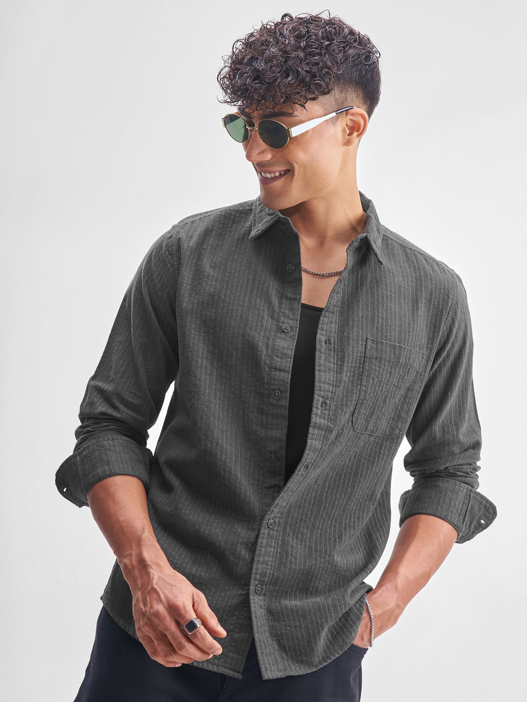 Highlander Men Grey Self Design Slim Fit Casual Shirt - Grey - Image 1