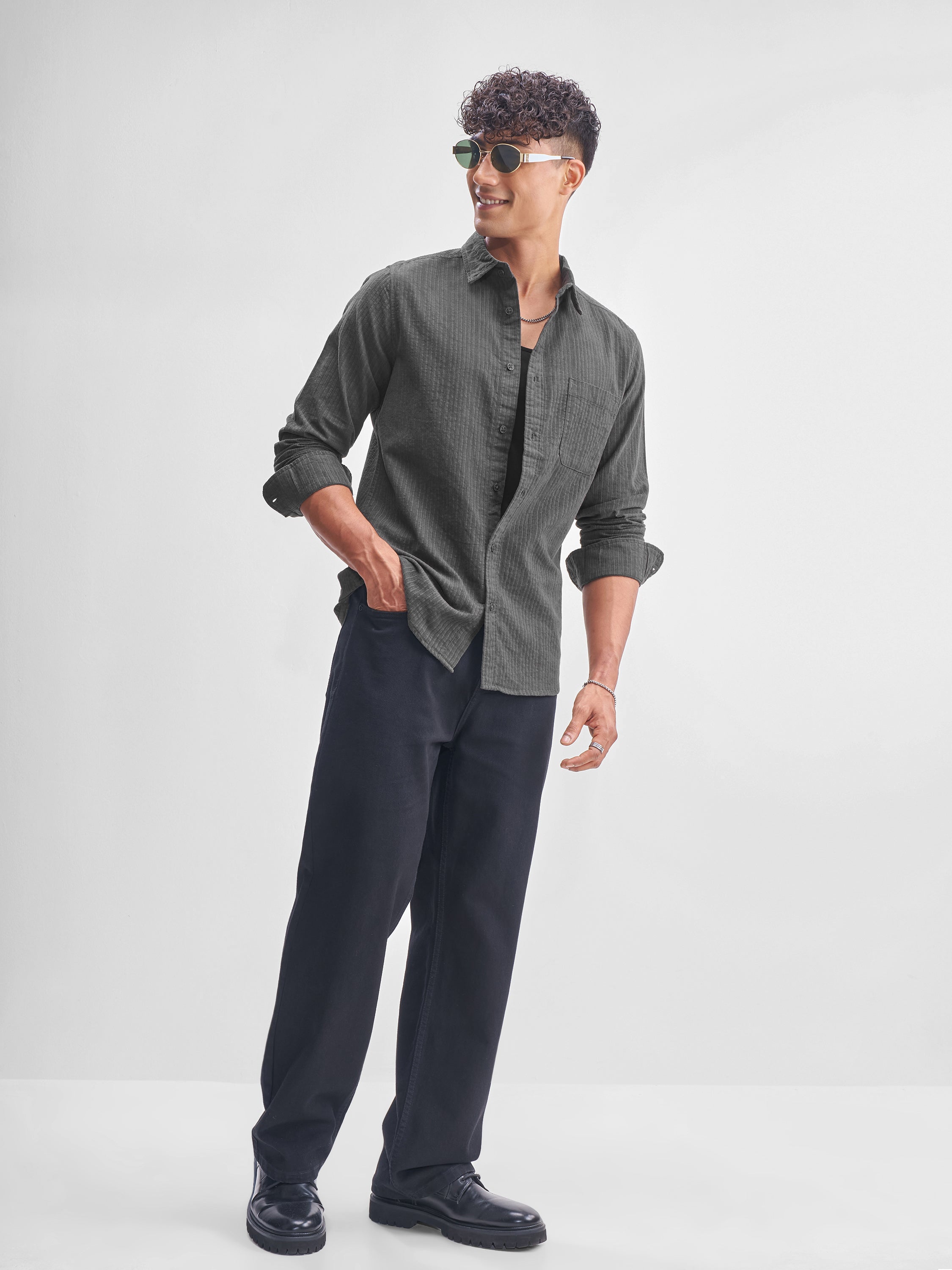 Highlander Men Grey Self Design Slim Fit Casual Shirt - Grey - Image 2