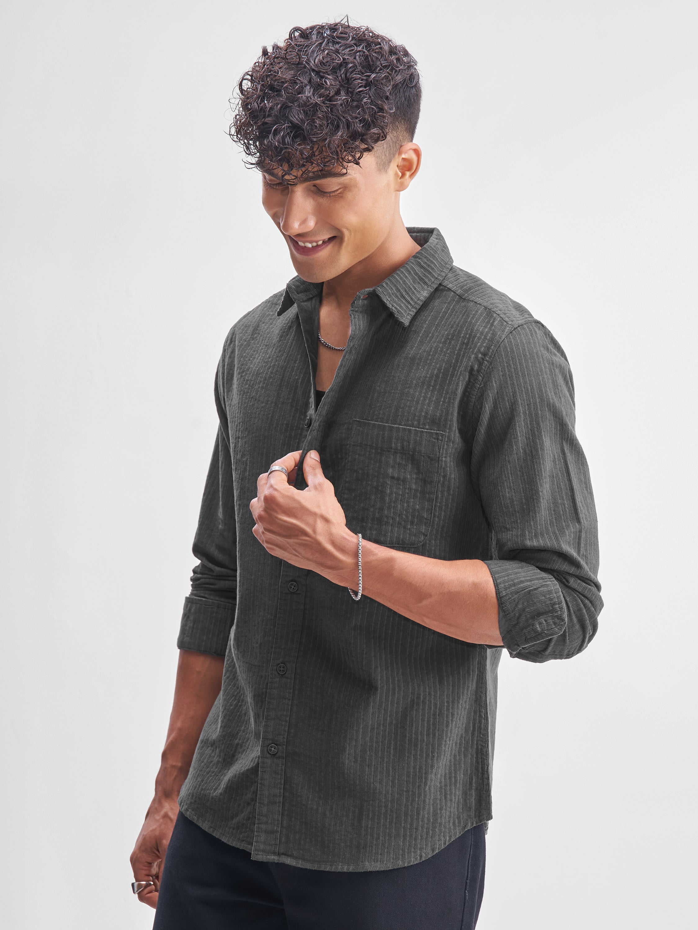 Highlander Men Grey Self Design Slim Fit Casual Shirt - Grey - Image 4