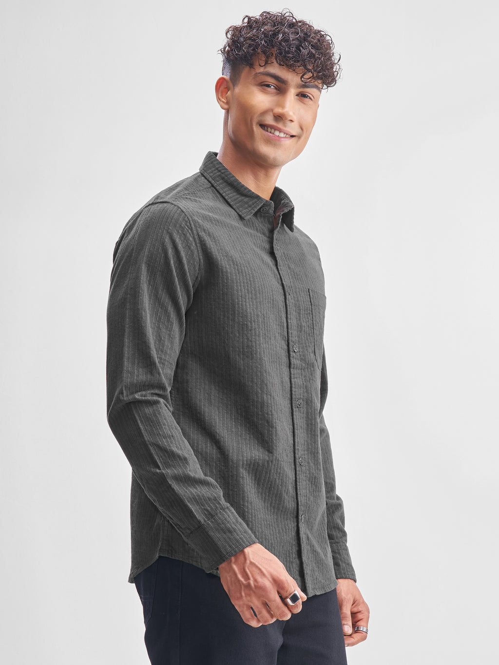 Highlander Men Grey Self Design Slim Fit Casual Shirt - Grey - Image 6