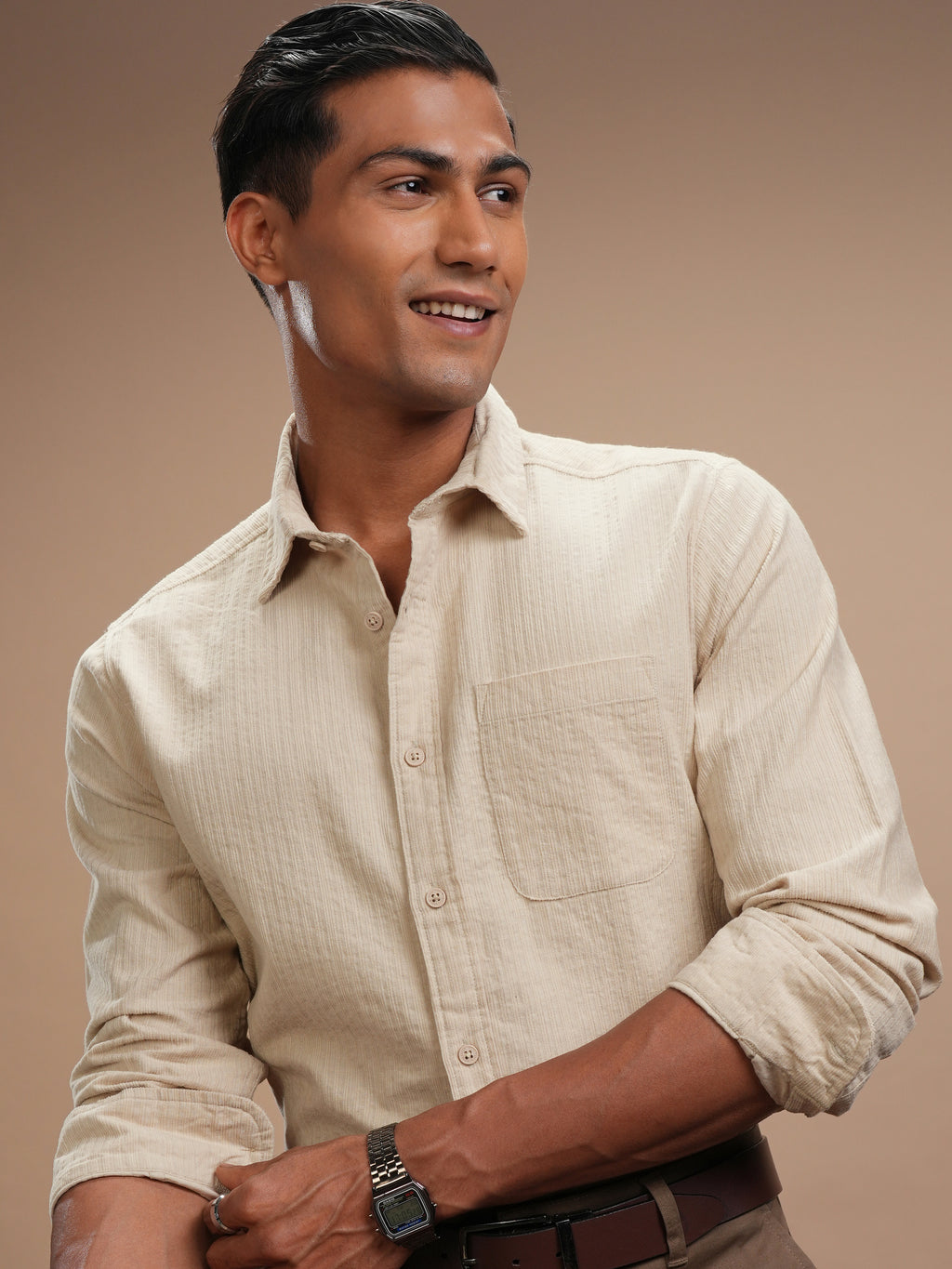 Highlander Men Beige Self Design Slim Fit Casual Shirt - Beige - Image 1