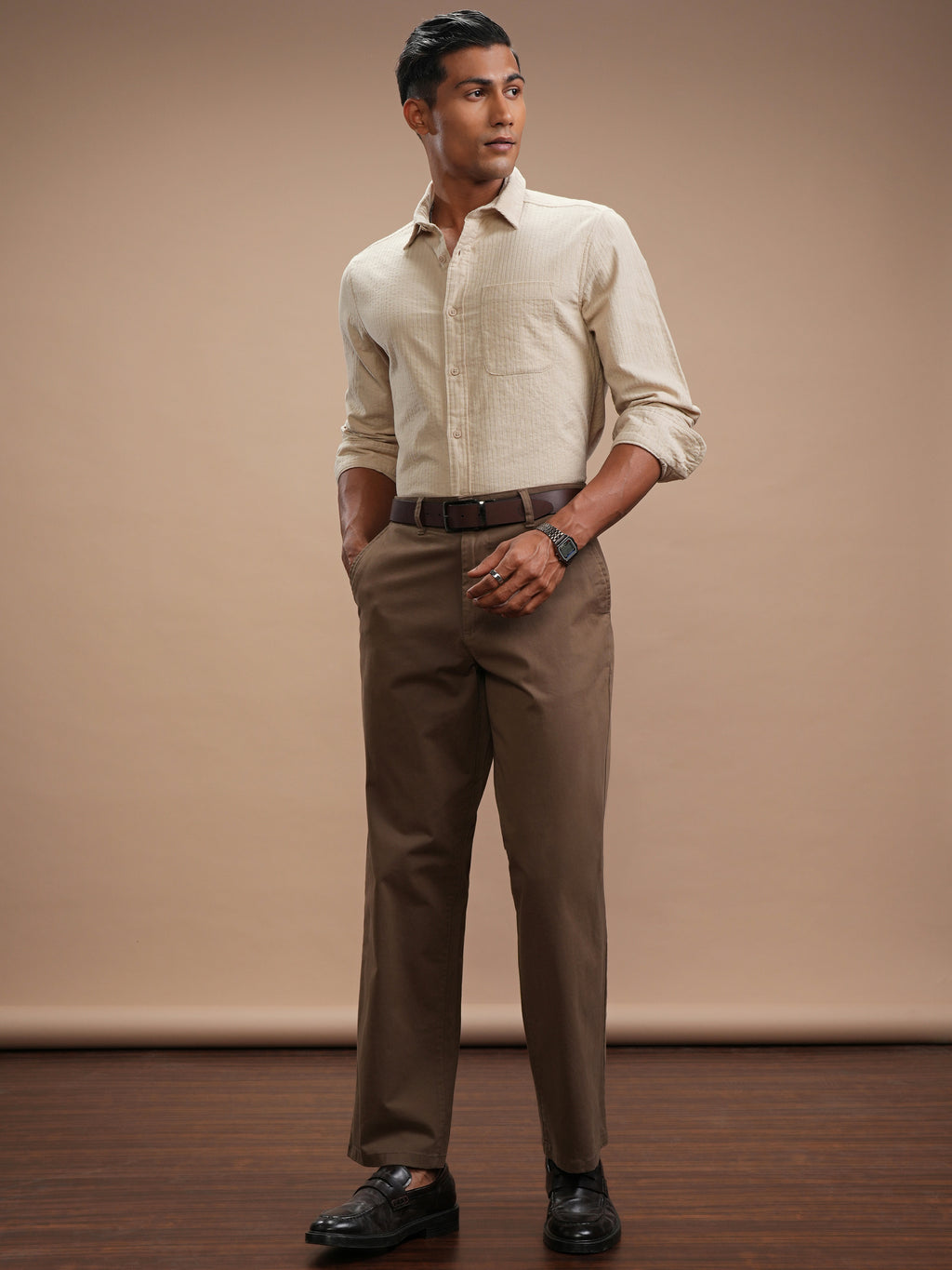 Highlander Men Beige Self Design Slim Fit Casual Shirt - Beige - Image 2