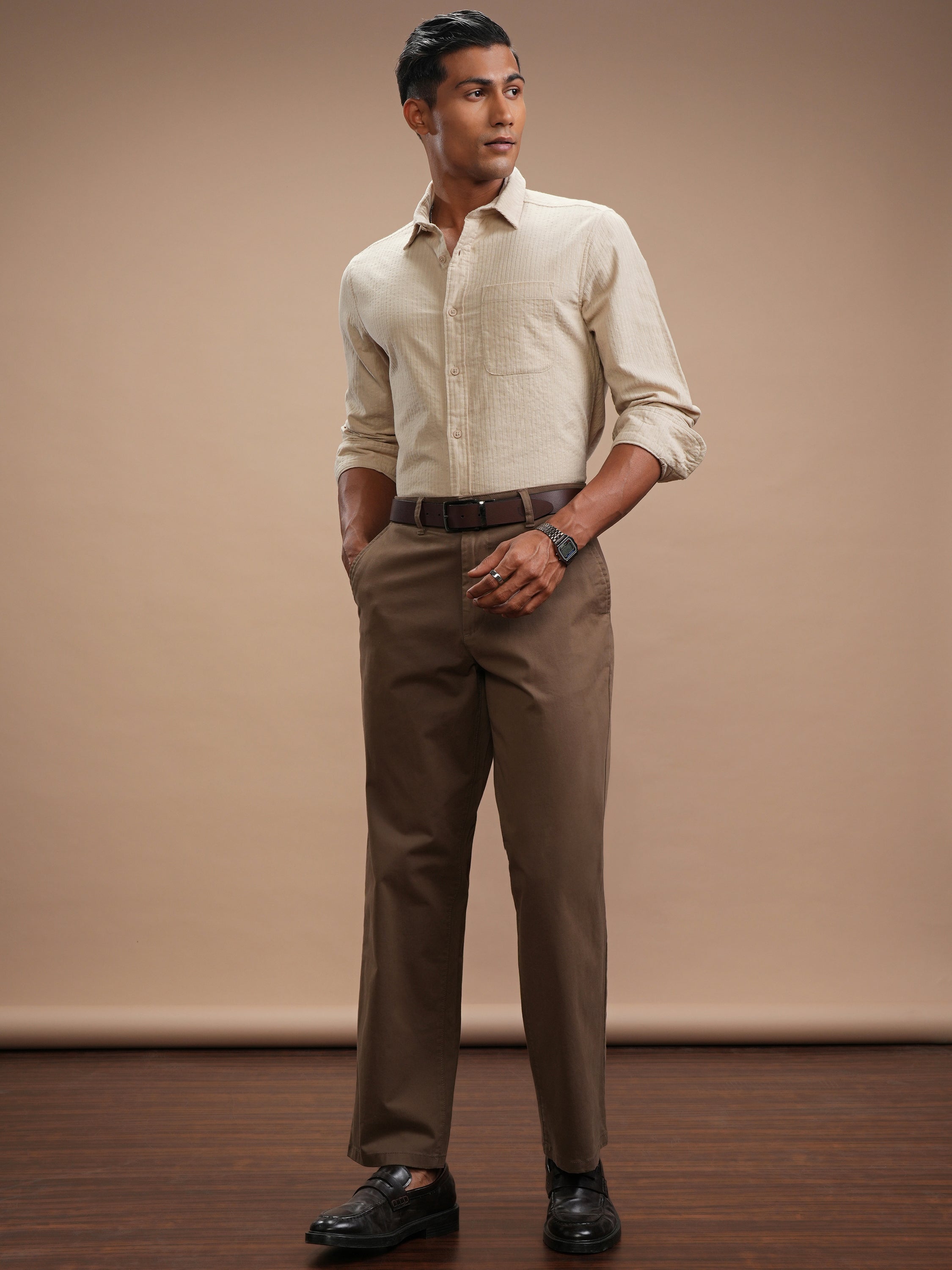 Highlander Men Beige Self Design Slim Fit Casual Shirt - Beige - Image 2