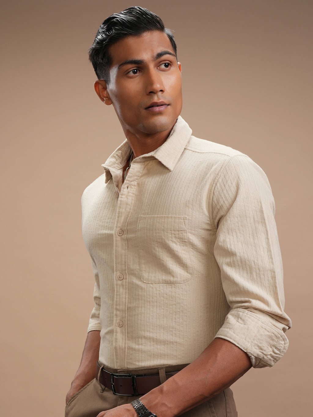 Highlander Men Beige Self Design Slim Fit Casual Shirt - Beige - Image 4