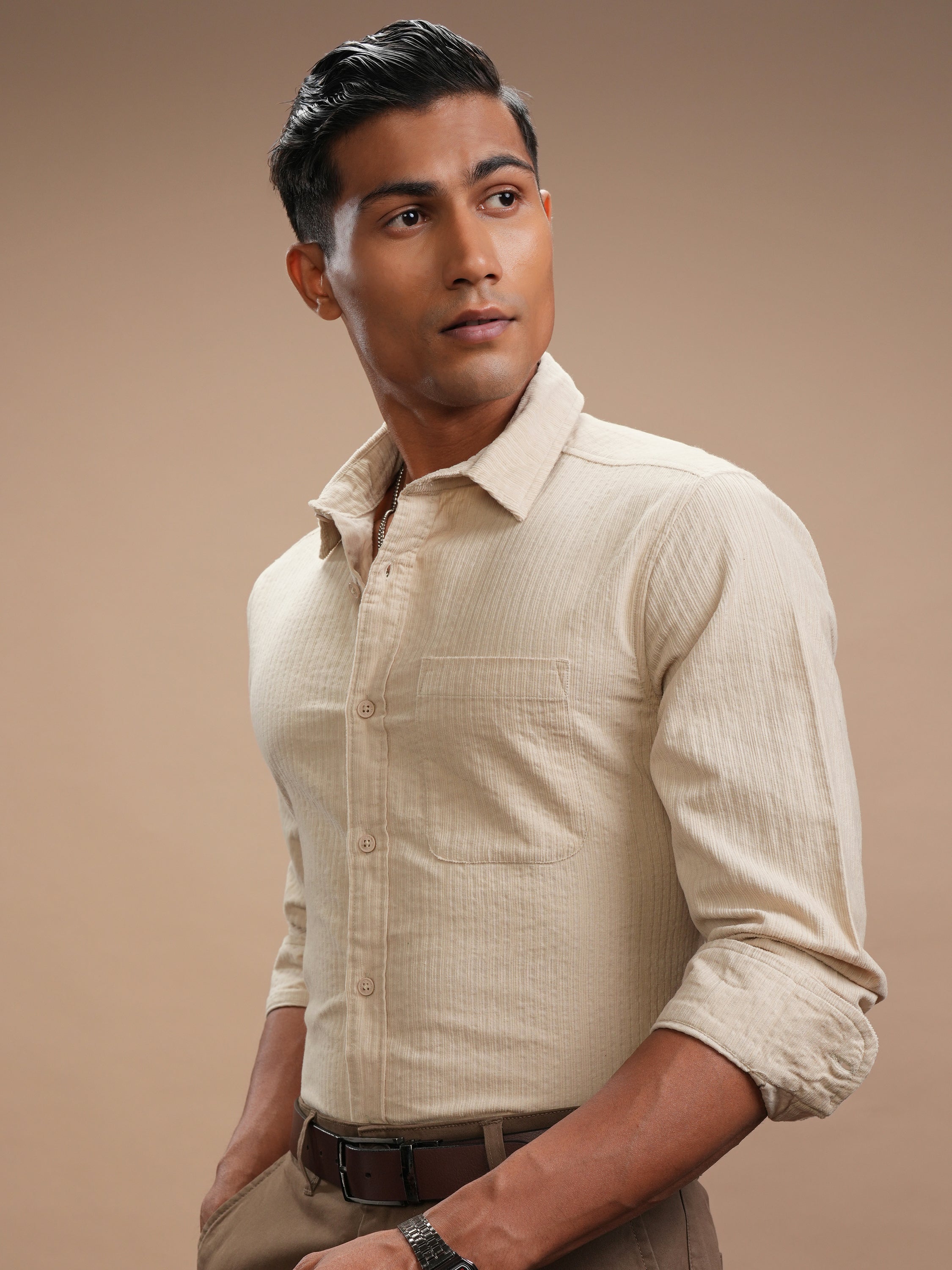 Highlander Men Beige Self Design Slim Fit Casual Shirt - Beige - Image 4