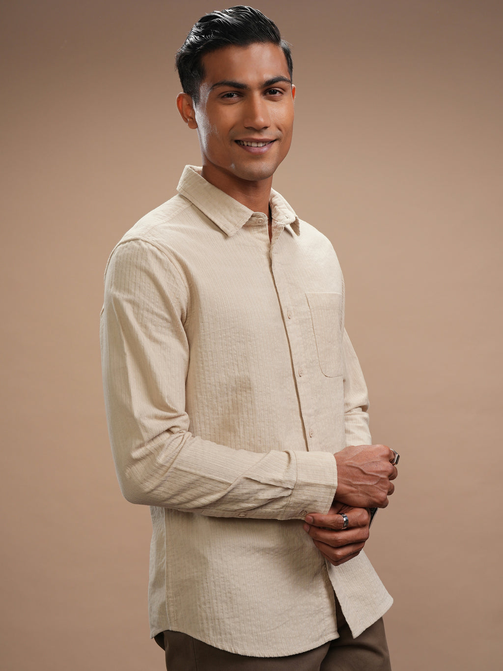Highlander Men Beige Self Design Slim Fit Casual Shirt - Beige - Image 6