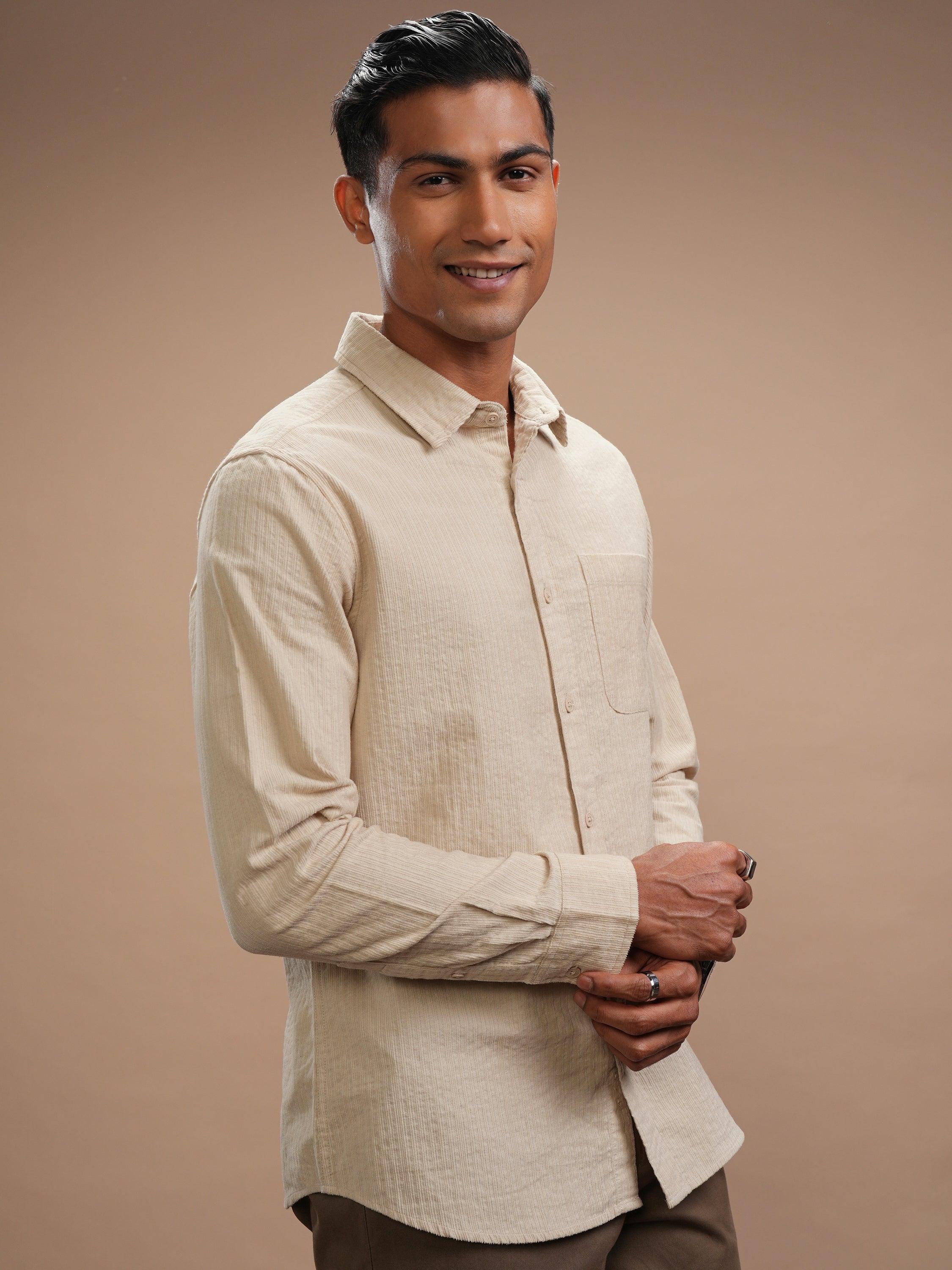 Highlander Men Beige Self Design Slim Fit Casual Shirt - Beige - Image 6