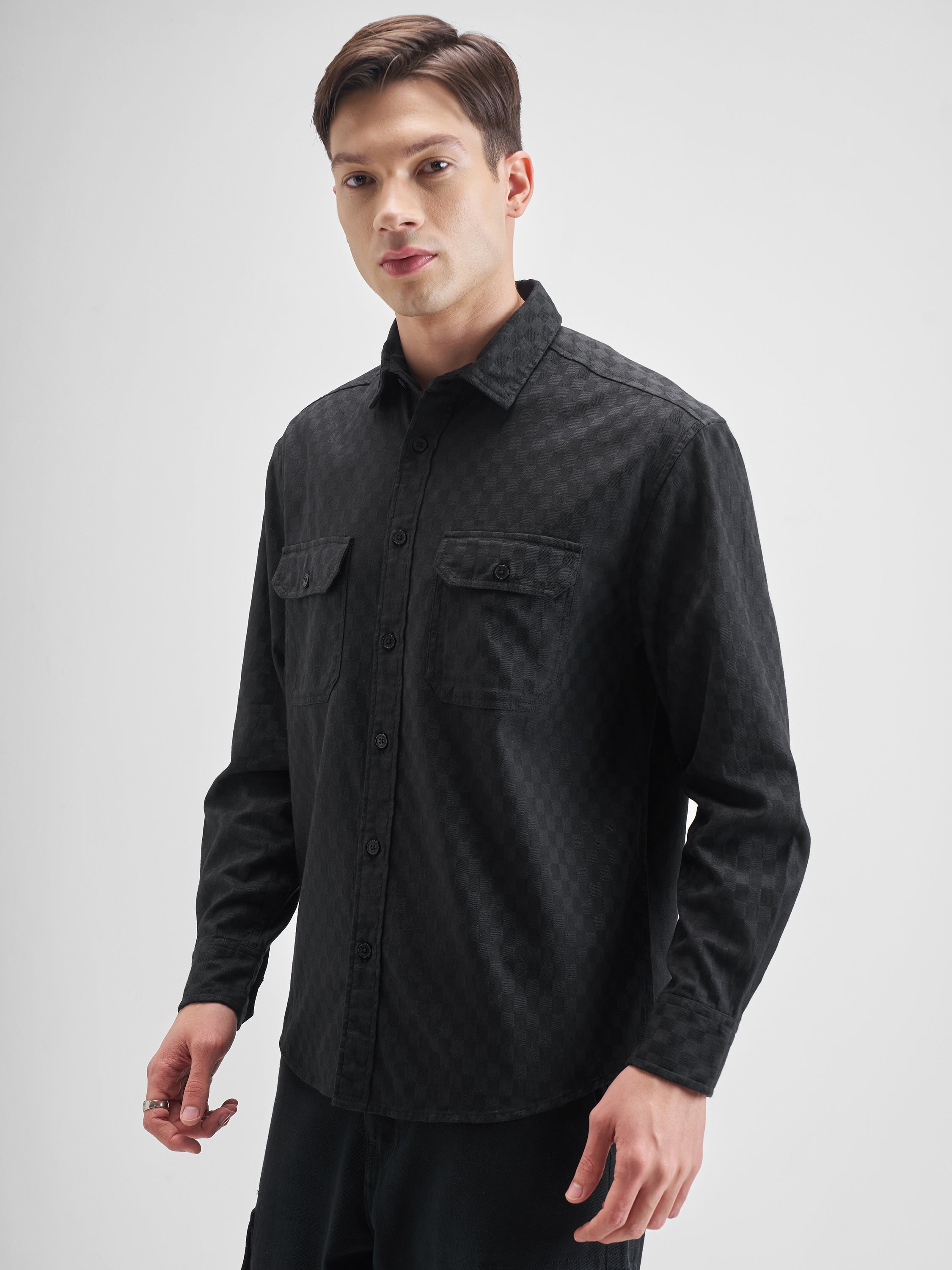 Highlander Men Black Self Design Relaxed Fit Casual Shirt - Black - Image 4