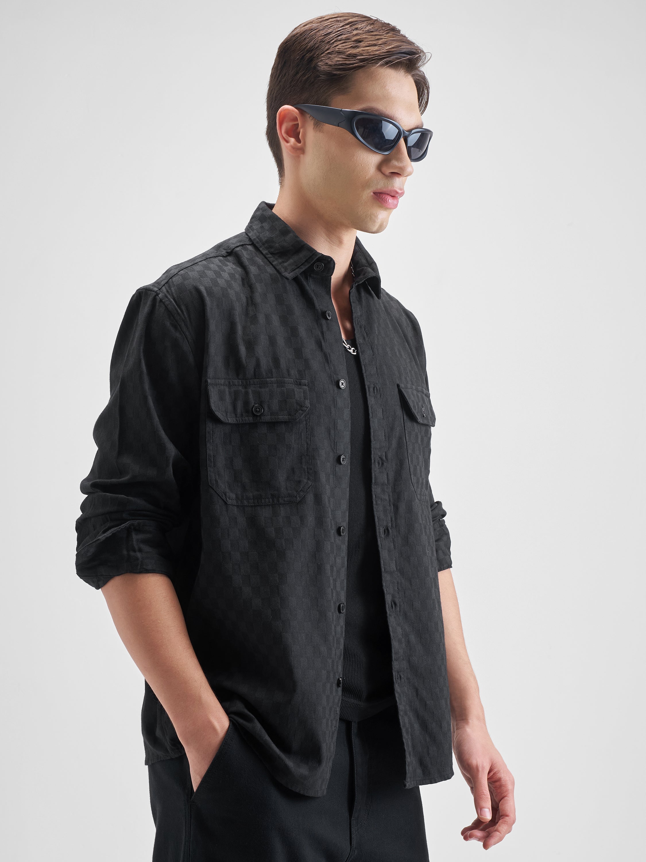Highlander Men Black Self Design Relaxed Fit Casual Shirt - Black - Image 6