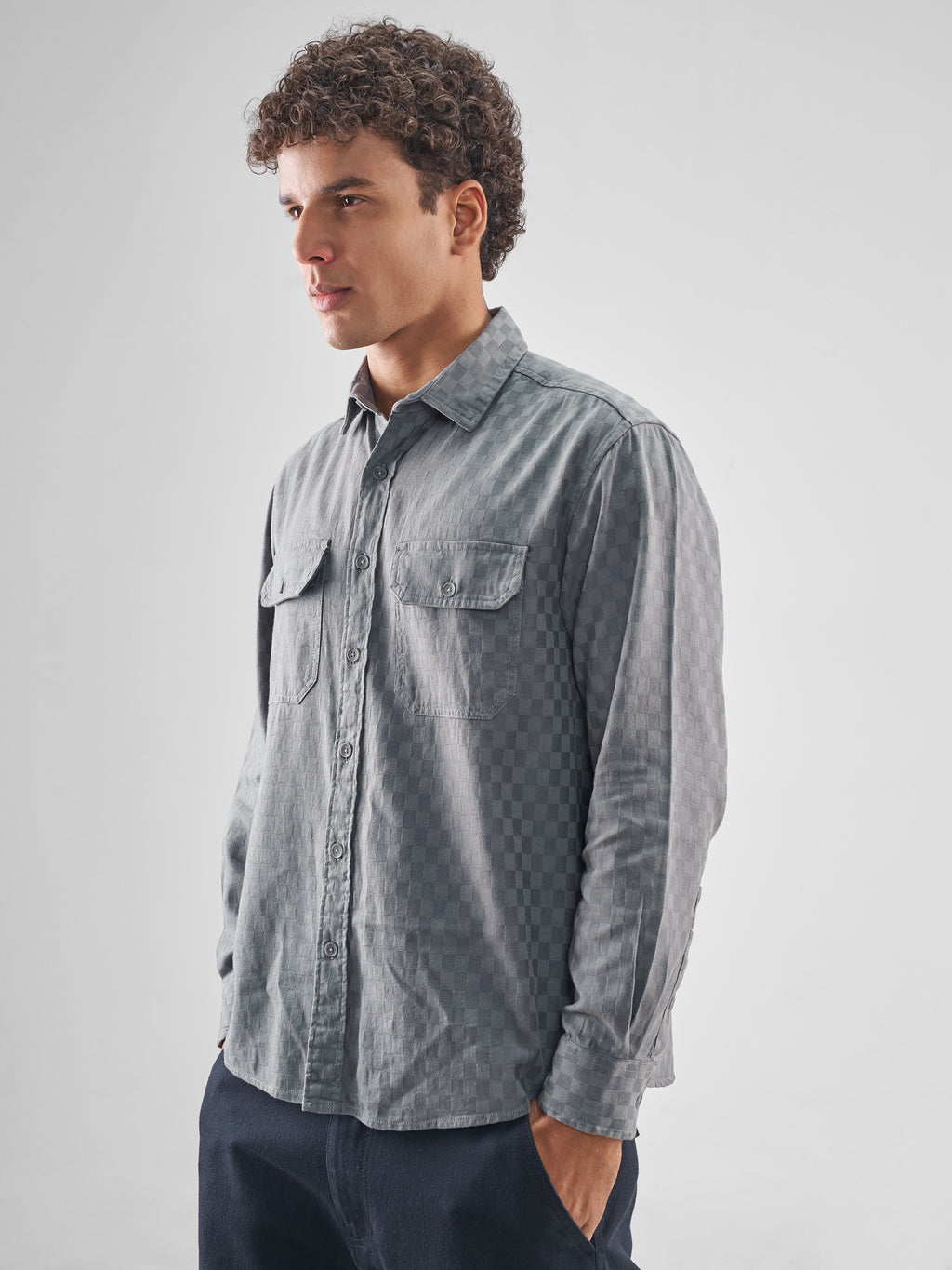 Highlander Men Grey Self Design Relaxed Fit Casual Shirt - Grey - Image 4