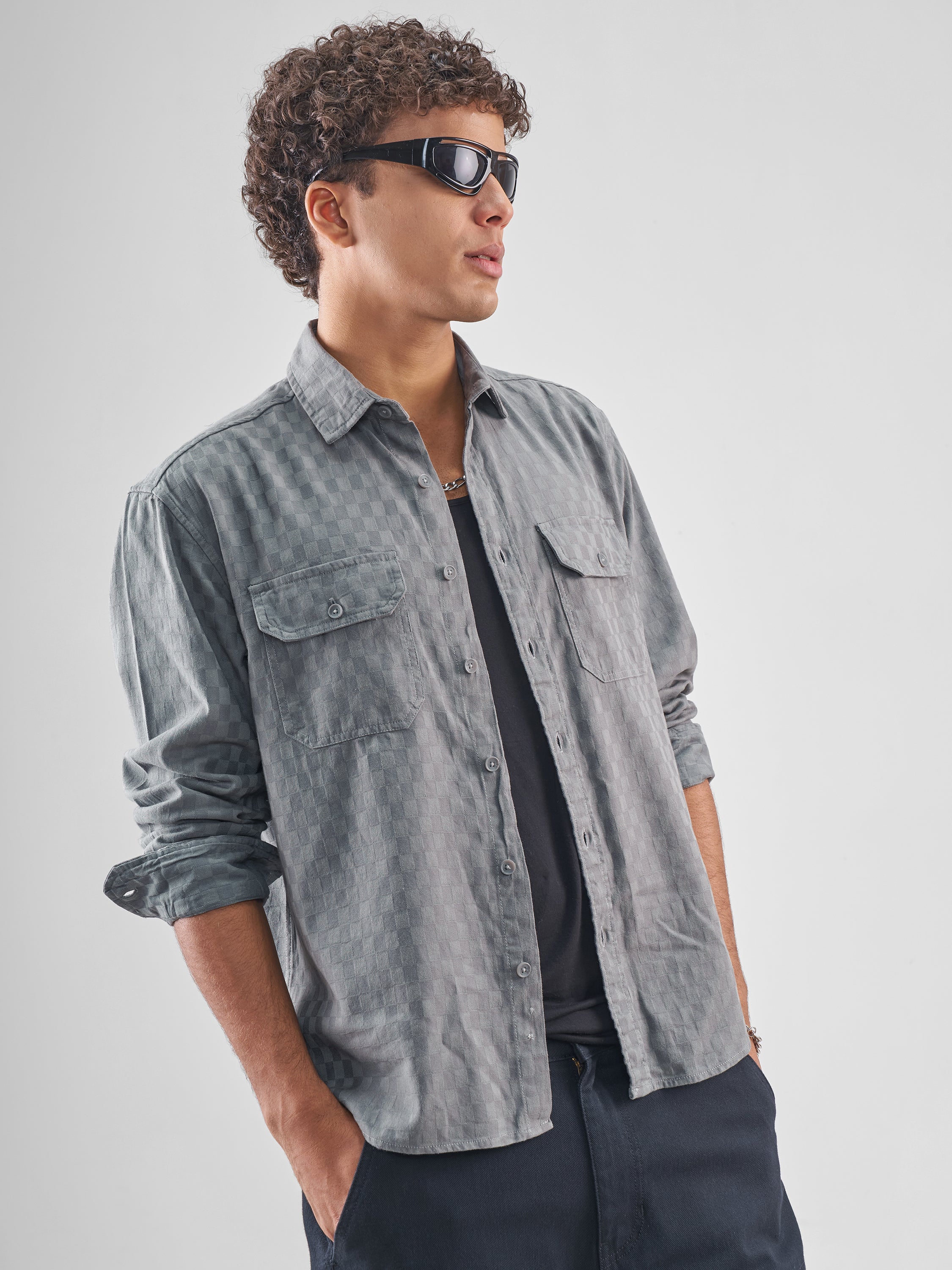 Highlander Men Grey Self Design Relaxed Fit Casual Shirt - Grey - Image 6