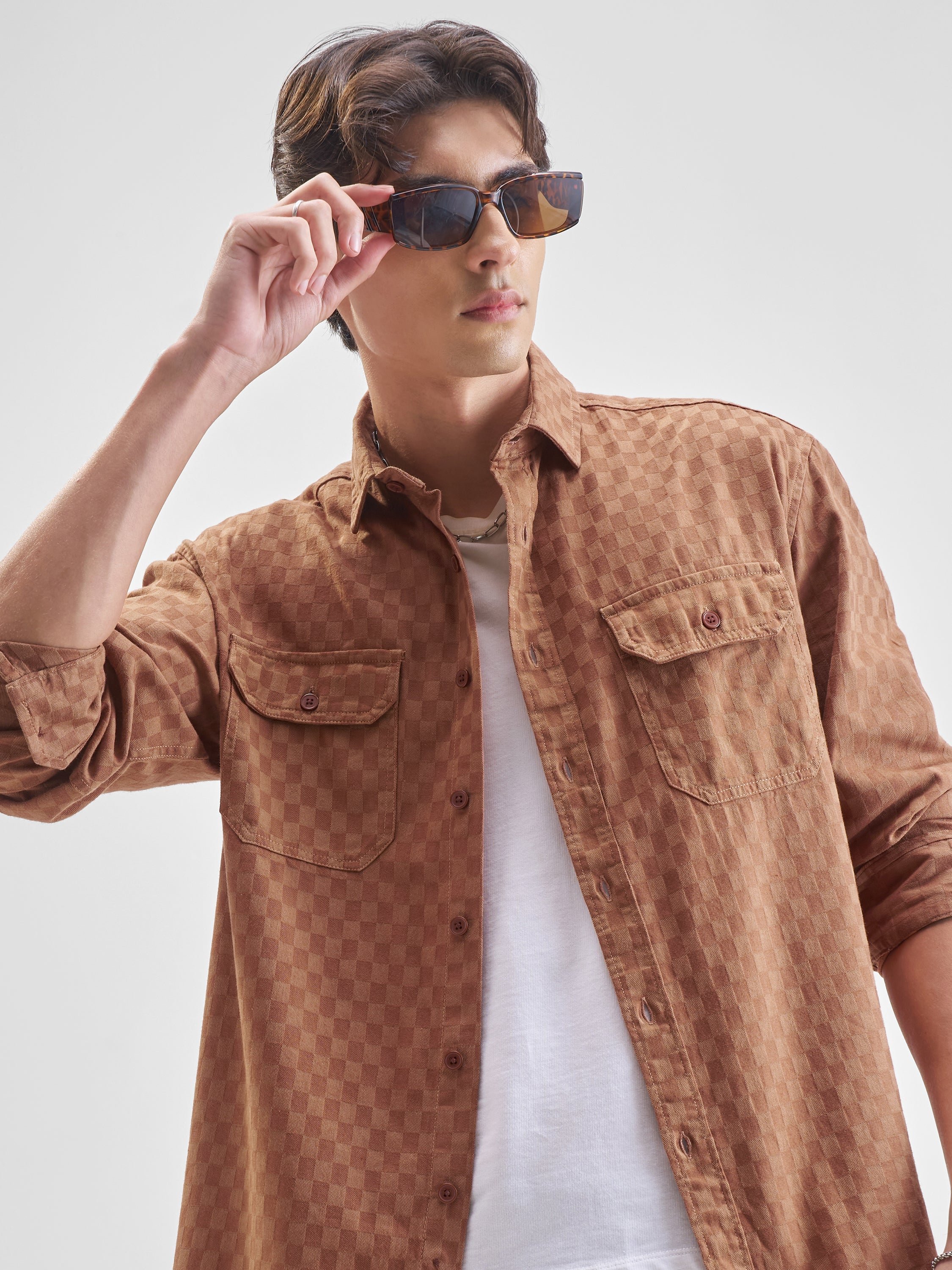 Highlander Men Rust Self Design Relaxed Fit Casual Shirt - Rust - Image 1
