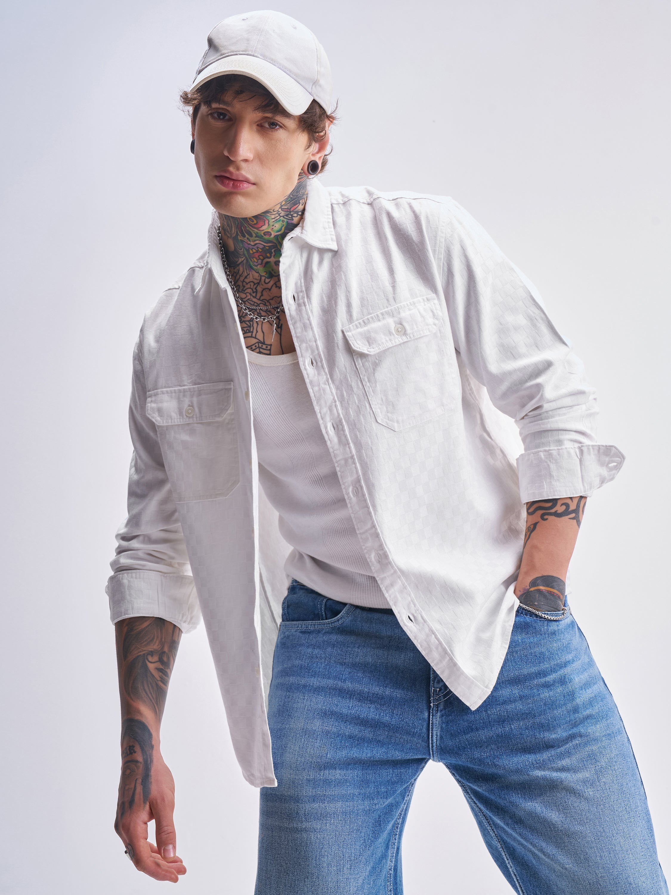 Highlander Men White Self Design Relaxed Fit Casual Shirt - White - Image 1