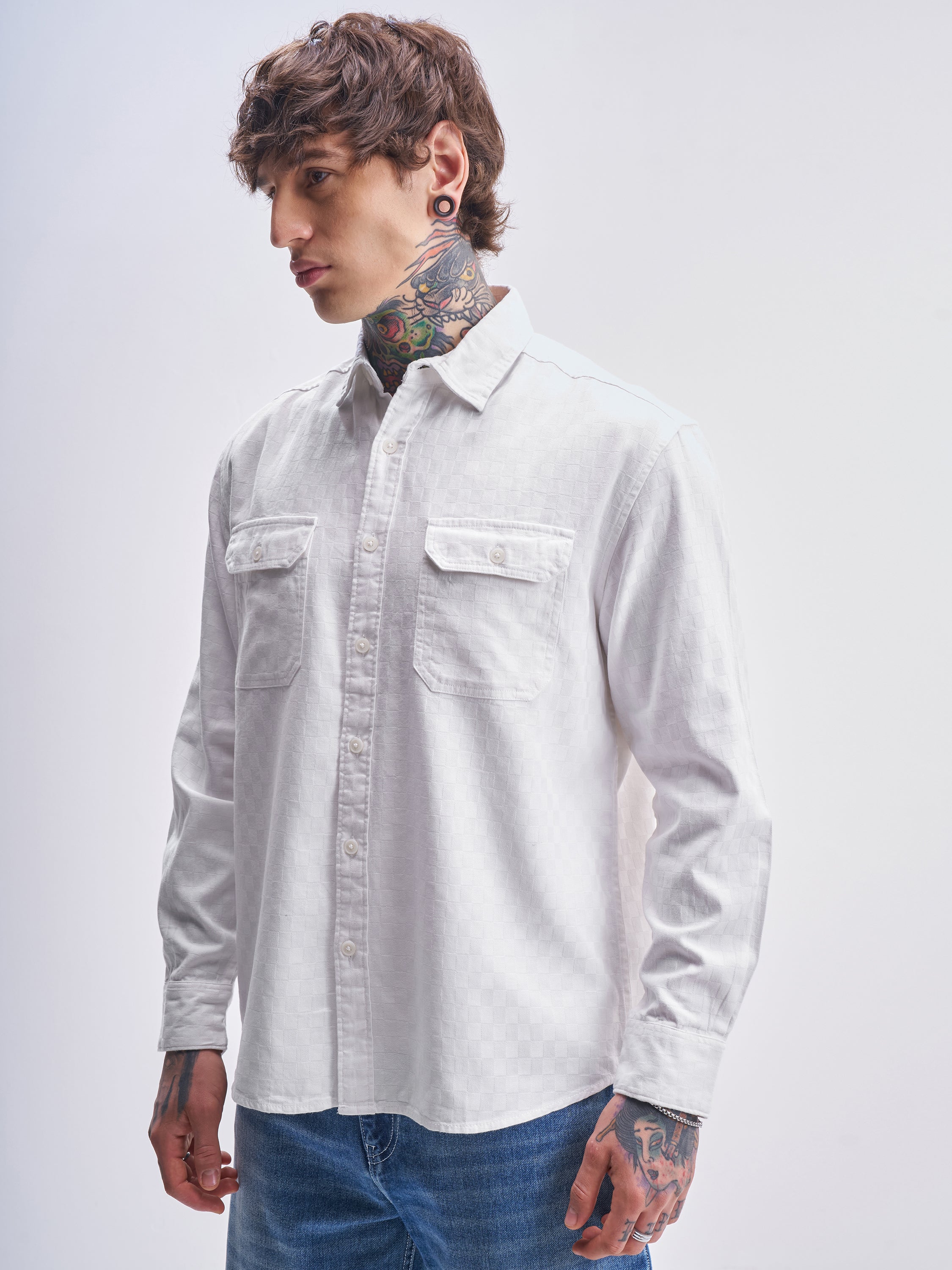 Highlander Men White Self Design Relaxed Fit Casual Shirt - White - Image 4