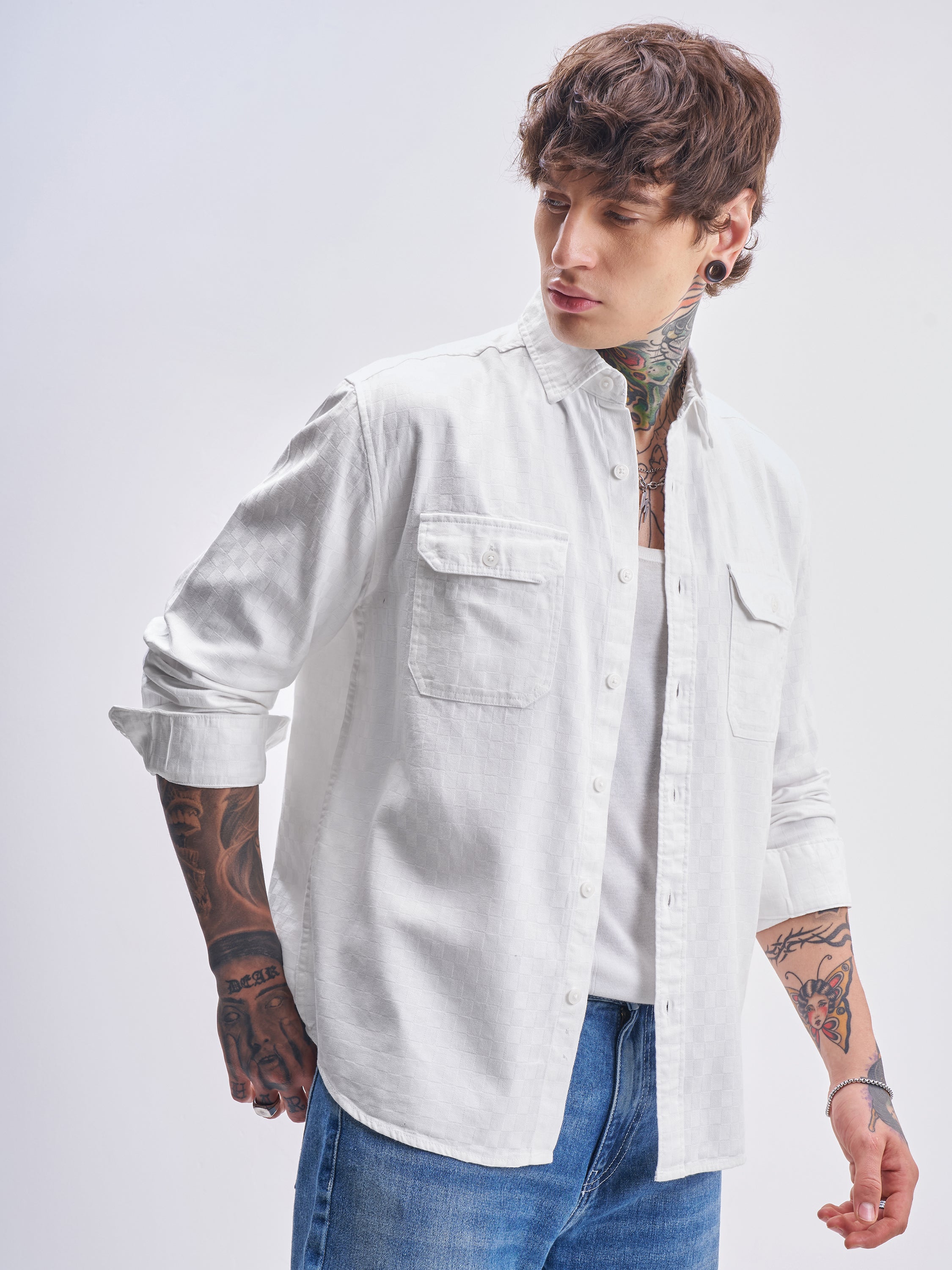 Highlander Men White Self Design Relaxed Fit Casual Shirt - White - Image 6