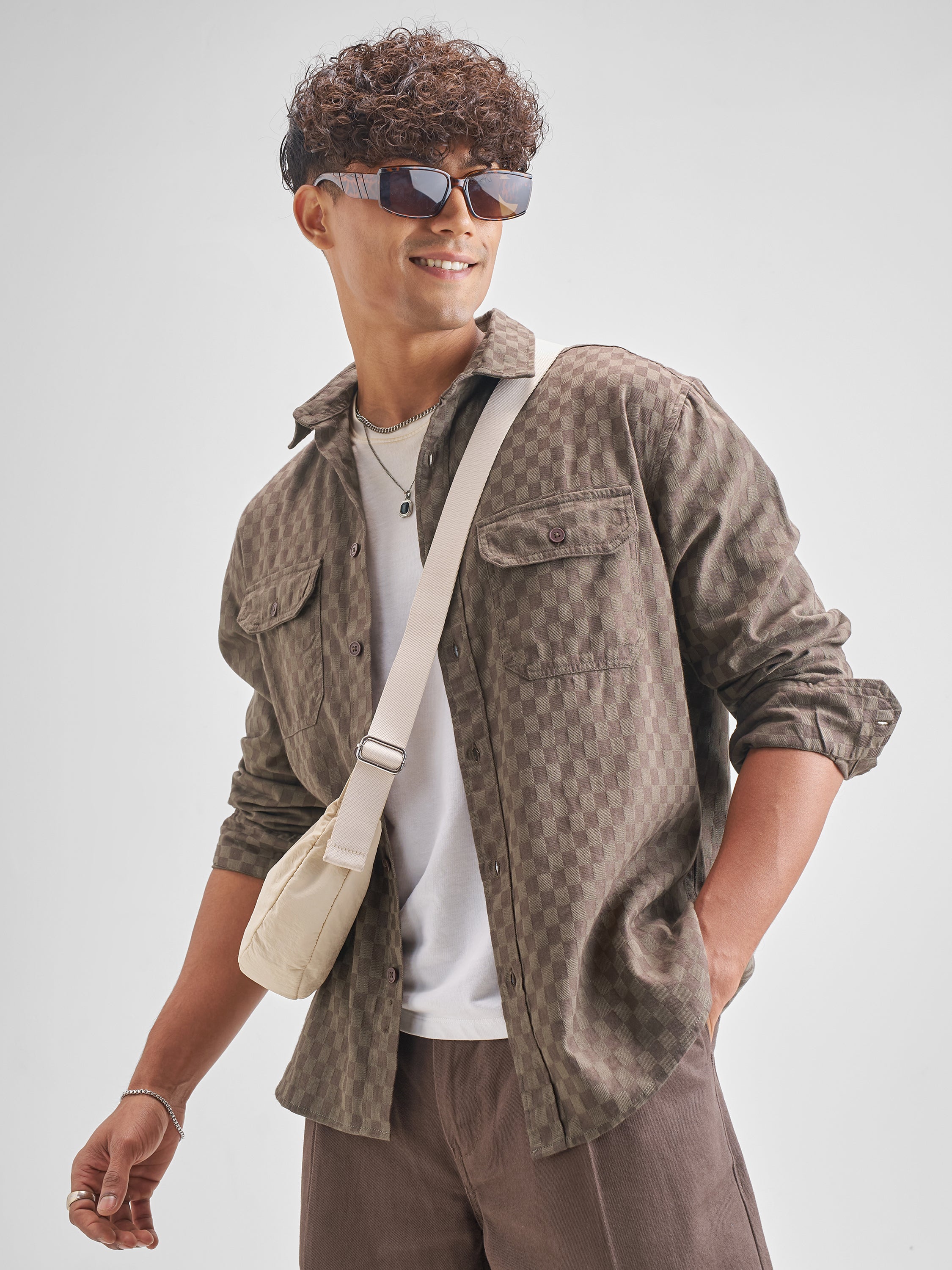 Highlander Men Self Design Relaxed Fit Casual Shirt - Brown - Image 4