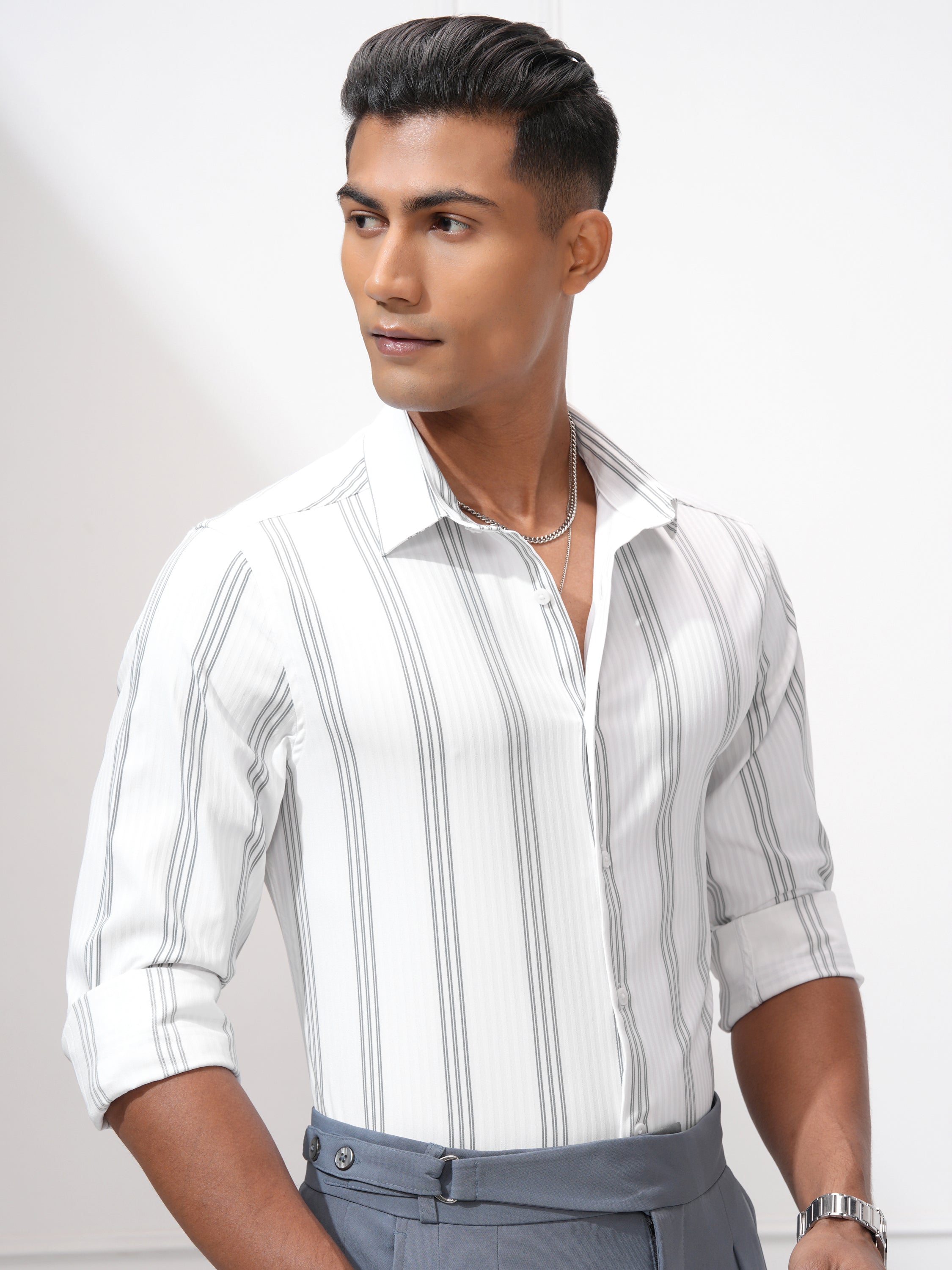 Highlander Men White Striped Slim Fit Casual Shirt - White - Image 6