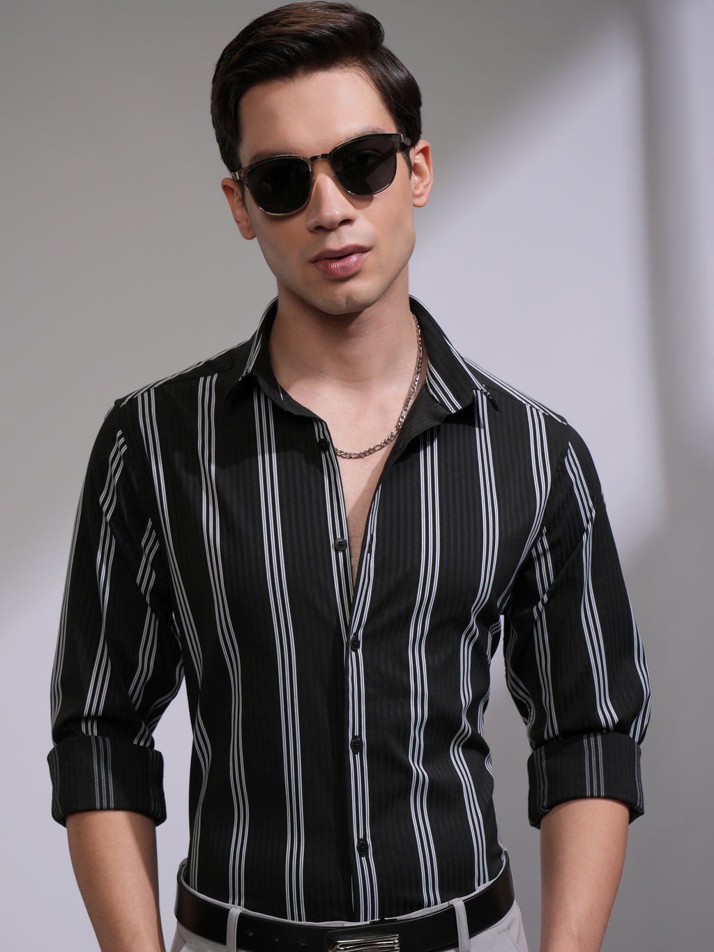 Highlander Men Black Striped Slim Fit Casual Shirt - Black - Image 1