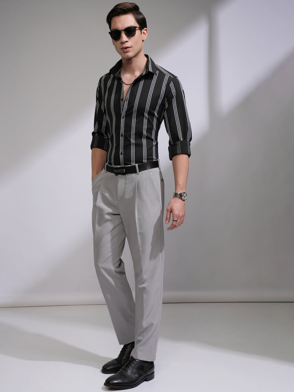 Highlander Men Black Striped Slim Fit Casual Shirt - Black - Image 2
