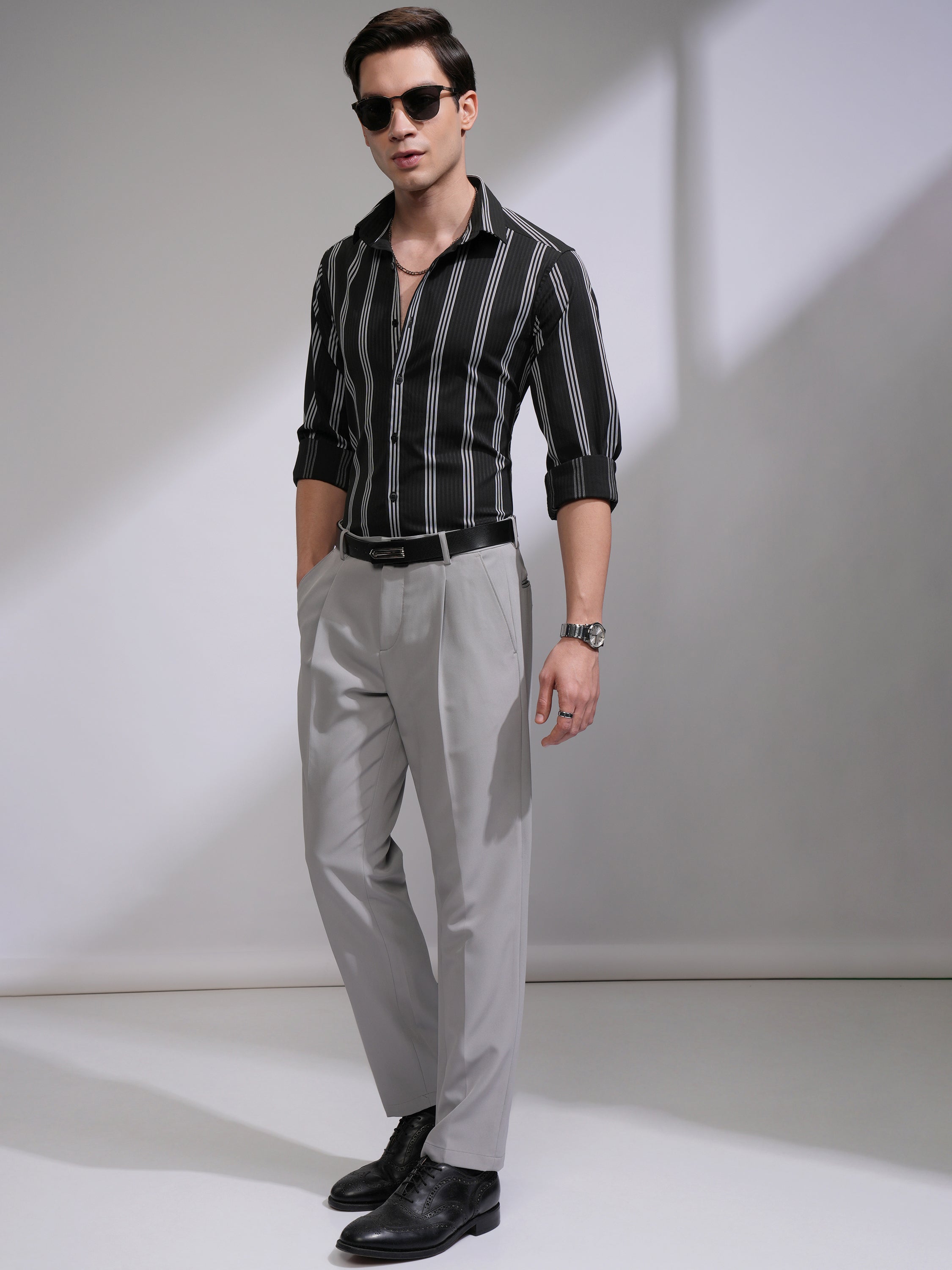 Highlander Men Black Striped Slim Fit Casual Shirt - Black - Image 2