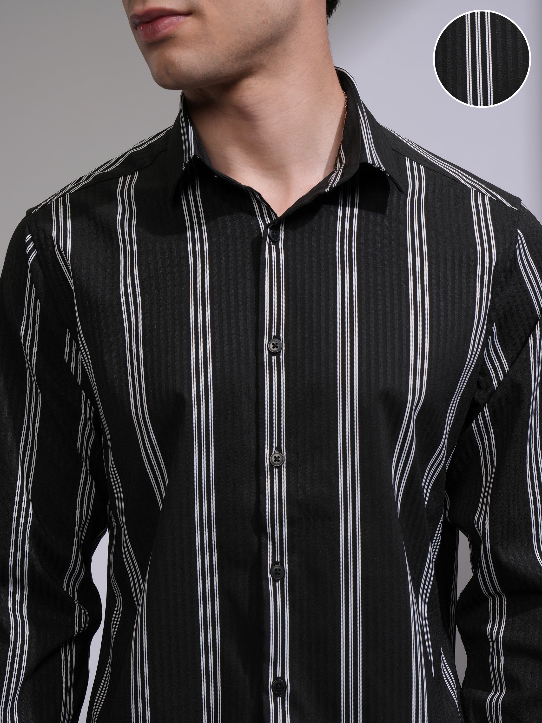 Highlander Men Black Striped Slim Fit Casual Shirt - Black - Image 5