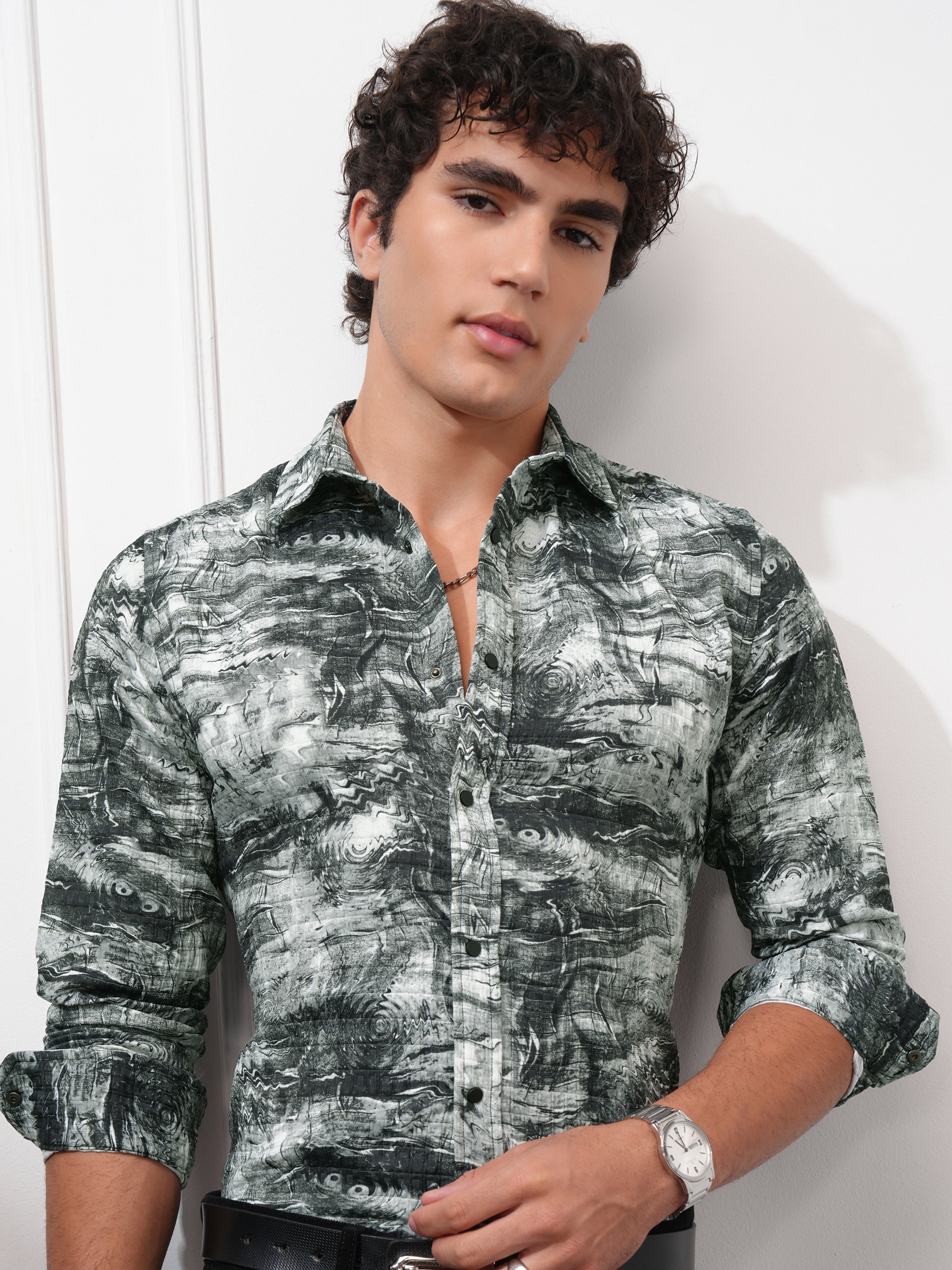 Highlander Men Olive Printed Slim Fit Casual Shirt - Olive - Image 1