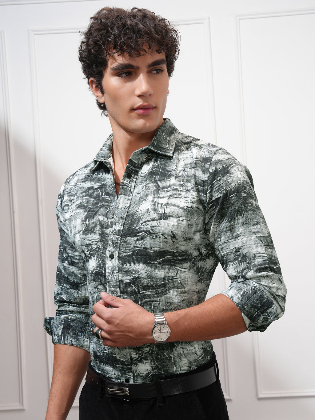 Highlander Men Olive Printed Slim Fit Casual Shirt - Olive - Image 4