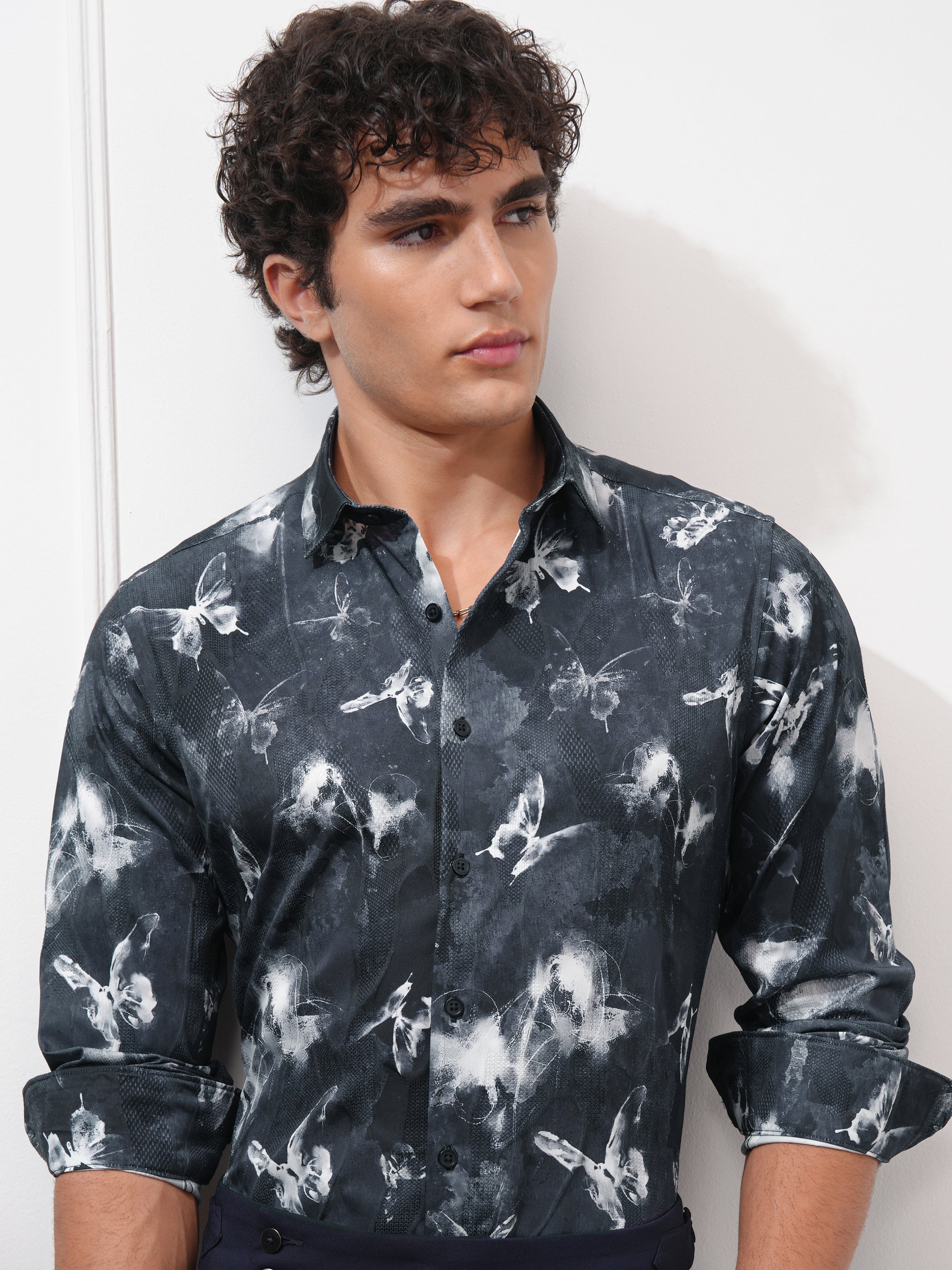 Highlander Men Navy Blue Printed Slim Fit Casual Shirt - Navy Blue - Image 1
