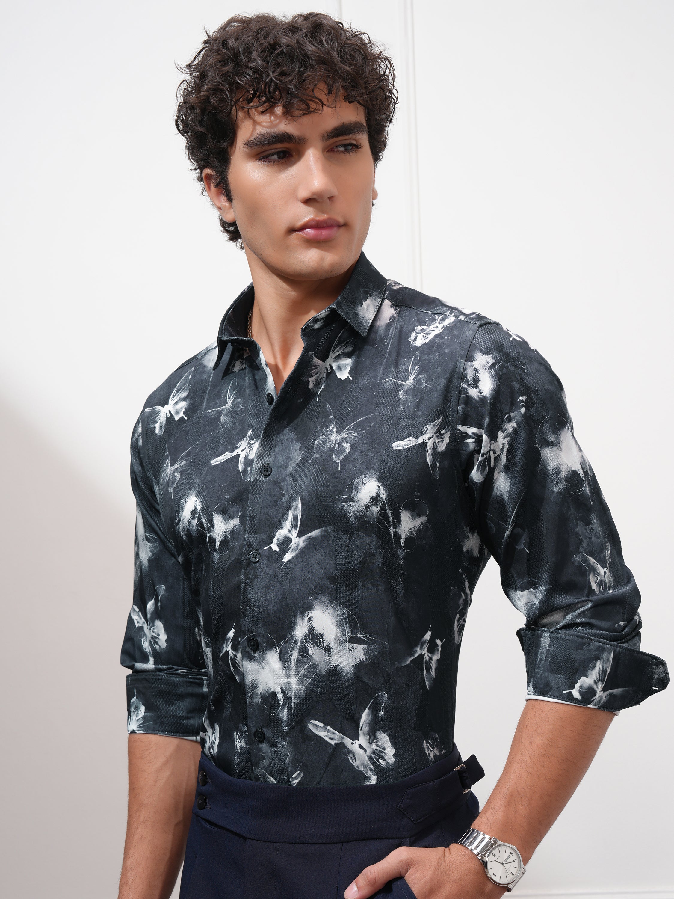 Highlander Men Navy Blue Printed Slim Fit Casual Shirt - Navy Blue - Image 4