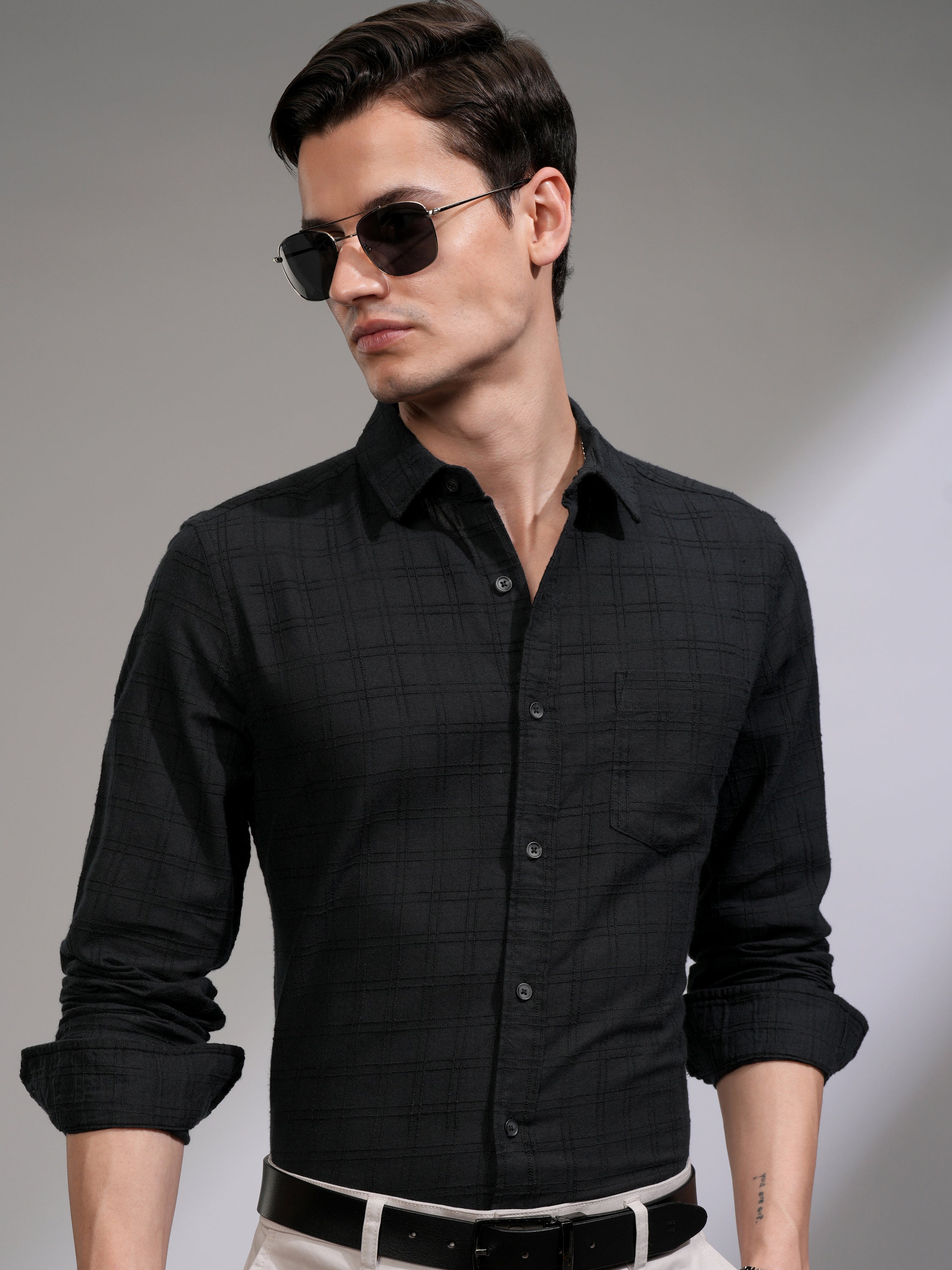 Highlander Men Black Checked Slim Fit Casual Shirt - Black - Image 1