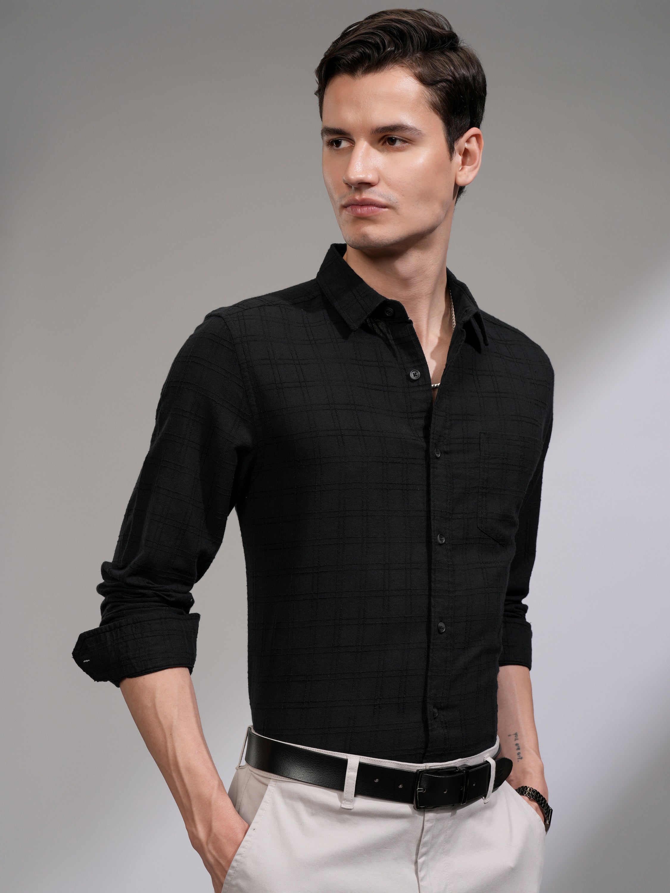 Highlander Men Black Checked Slim Fit Casual Shirt - Black - Image 6