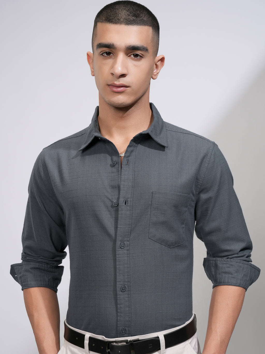 Highlander Men Grey Checked Slim Fit Casual Shirt - Grey - Image 1