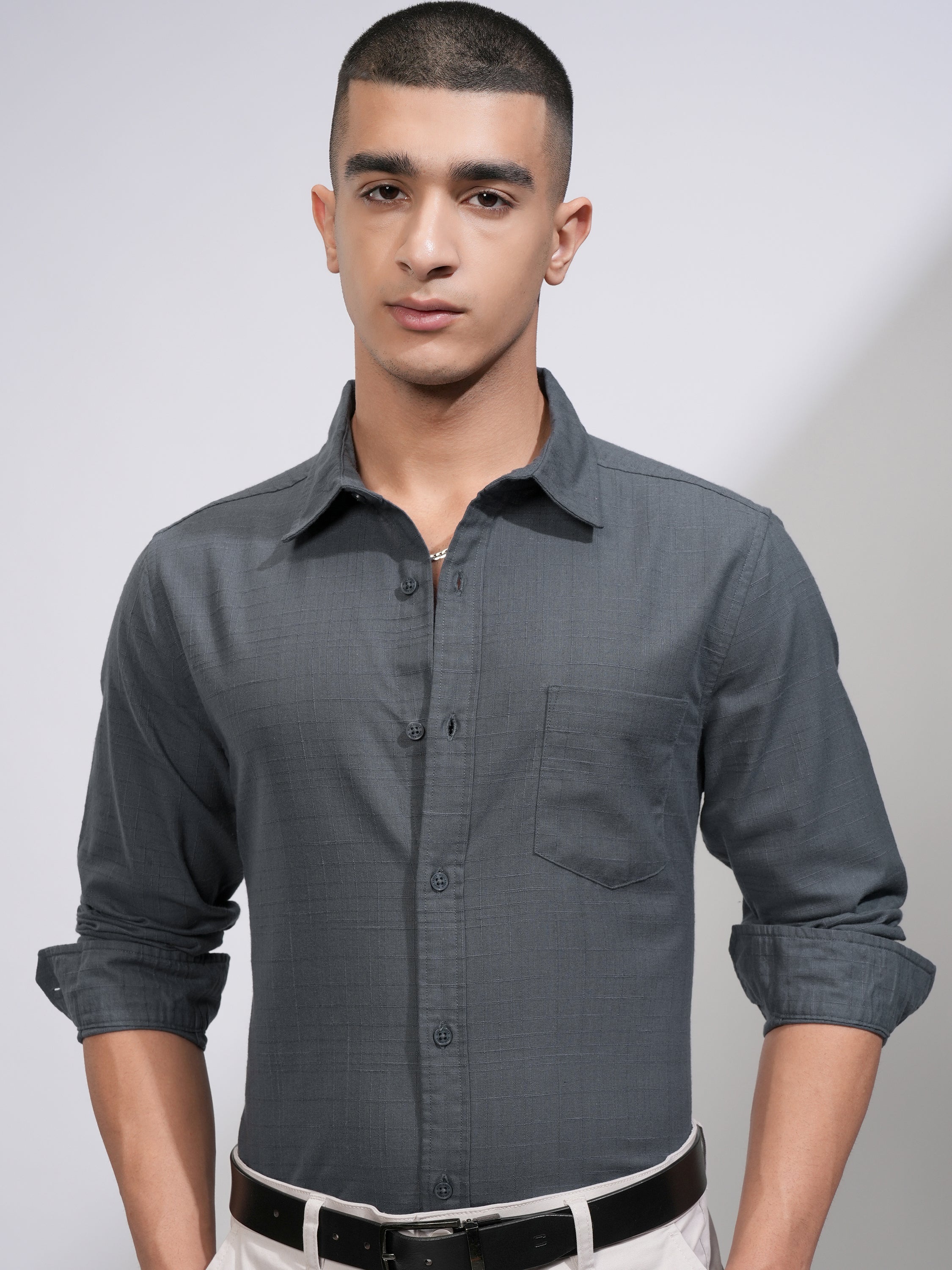 Highlander Men Grey Checked Slim Fit Casual Shirt - Grey - Image 1