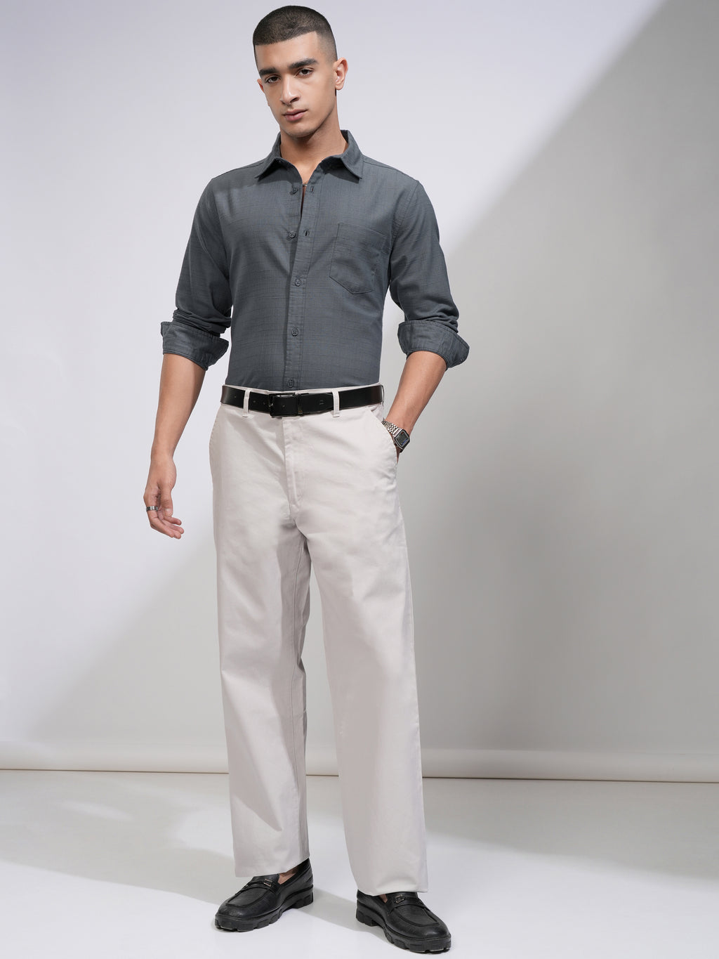 Highlander Men Grey Checked Slim Fit Casual Shirt - Grey - Image 2