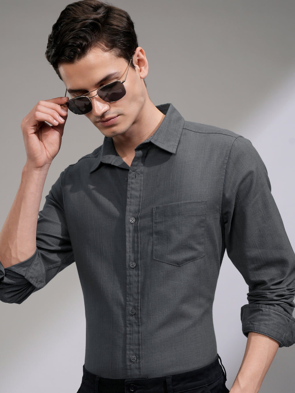 Highlander Men Grey Solid Slim Fit Casual Shirt - Grey - Image 1