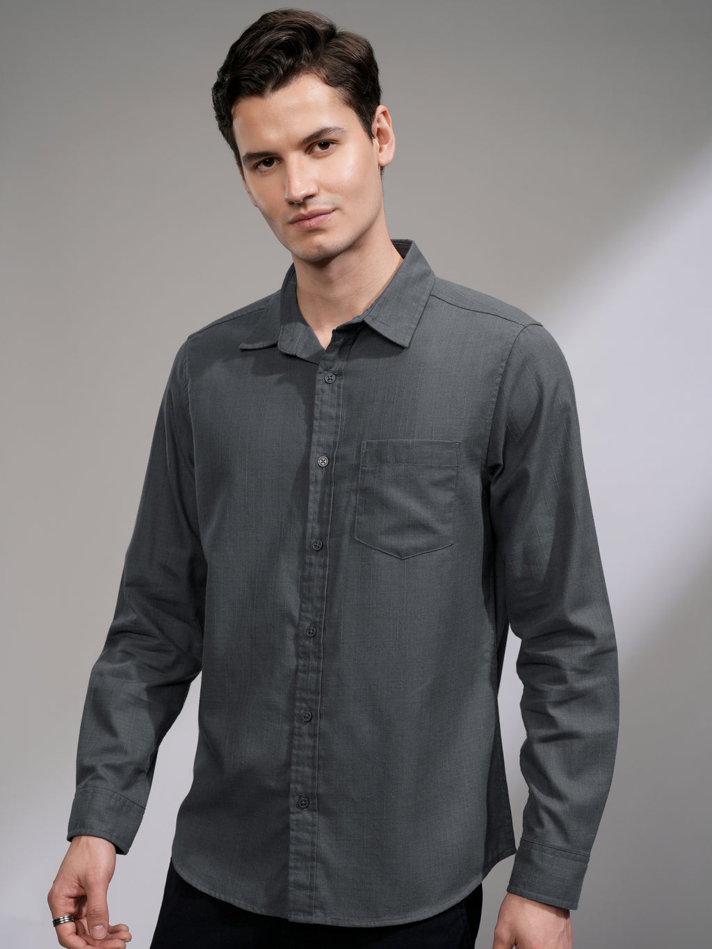 Highlander Men Grey Solid Slim Fit Casual Shirt - Grey - Image 4