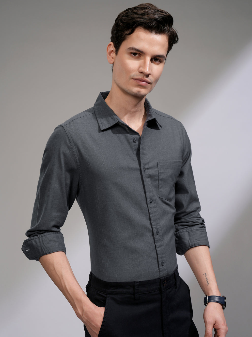 Highlander Men Grey Solid Slim Fit Casual Shirt - Grey - Image 6