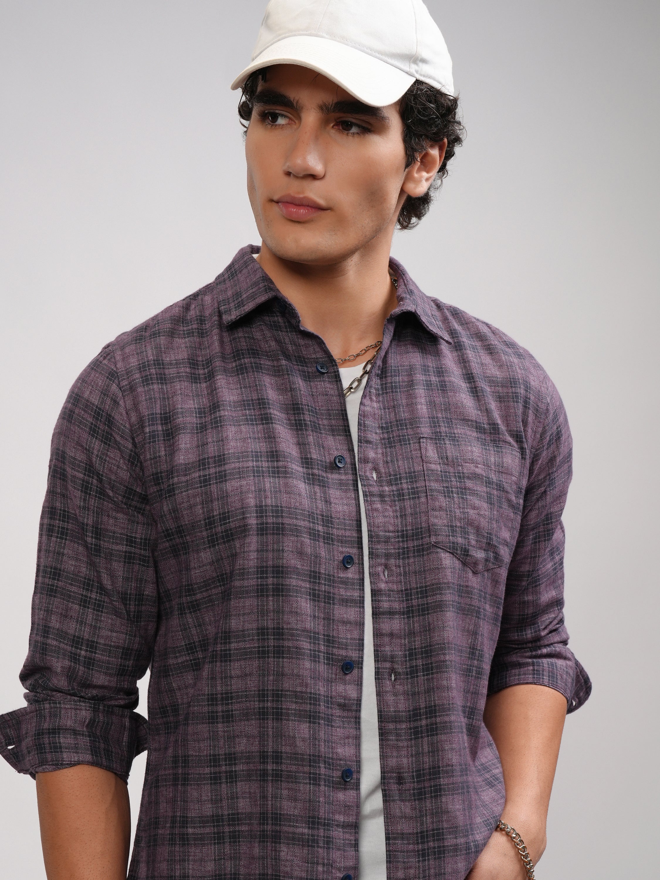 Highlander Men Mauve Checked Slim Fit Casual Shirt - Mauve - Image 1