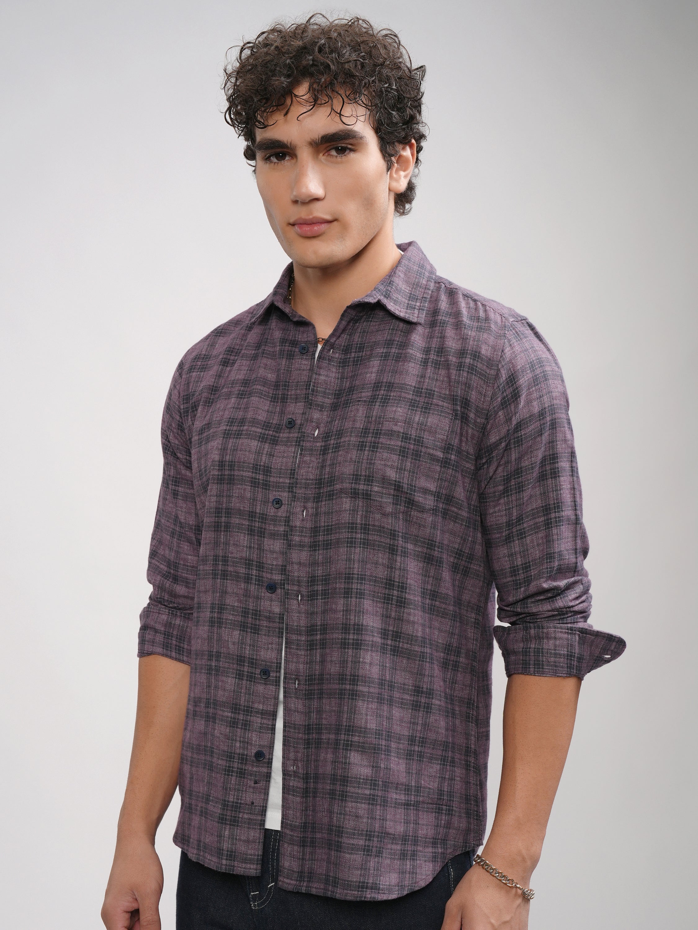 Highlander Men Mauve Checked Slim Fit Casual Shirt - Mauve - Image 4