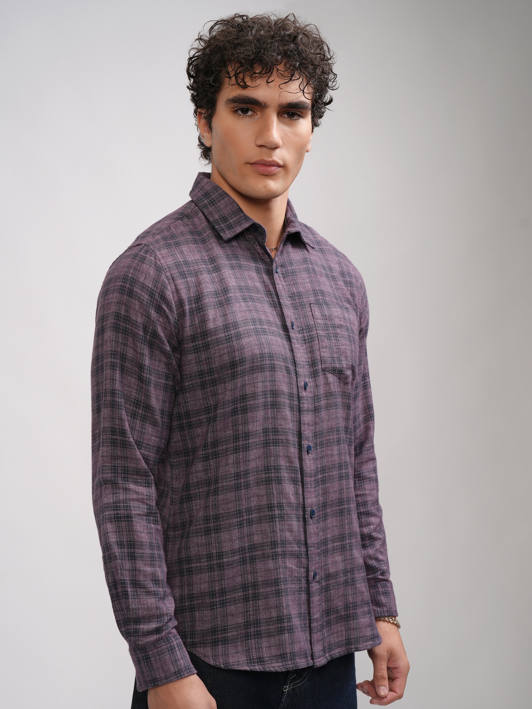 Highlander Men Mauve Checked Slim Fit Casual Shirt - Mauve - Image 6