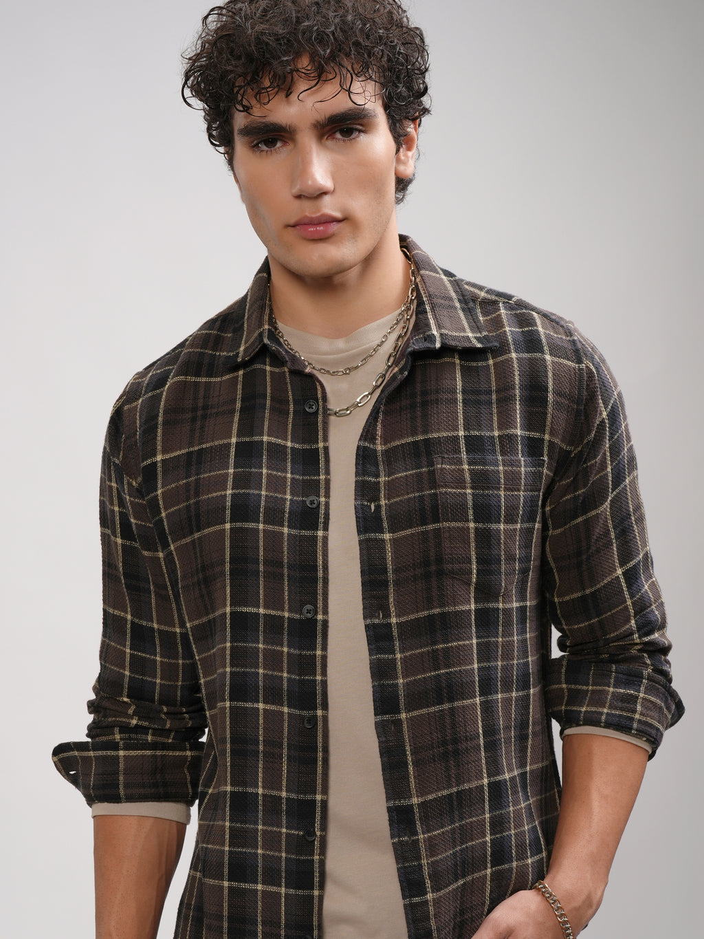 Highlander Men Brown Checked Slim Fit Casual Shirt - Brown - Image 1