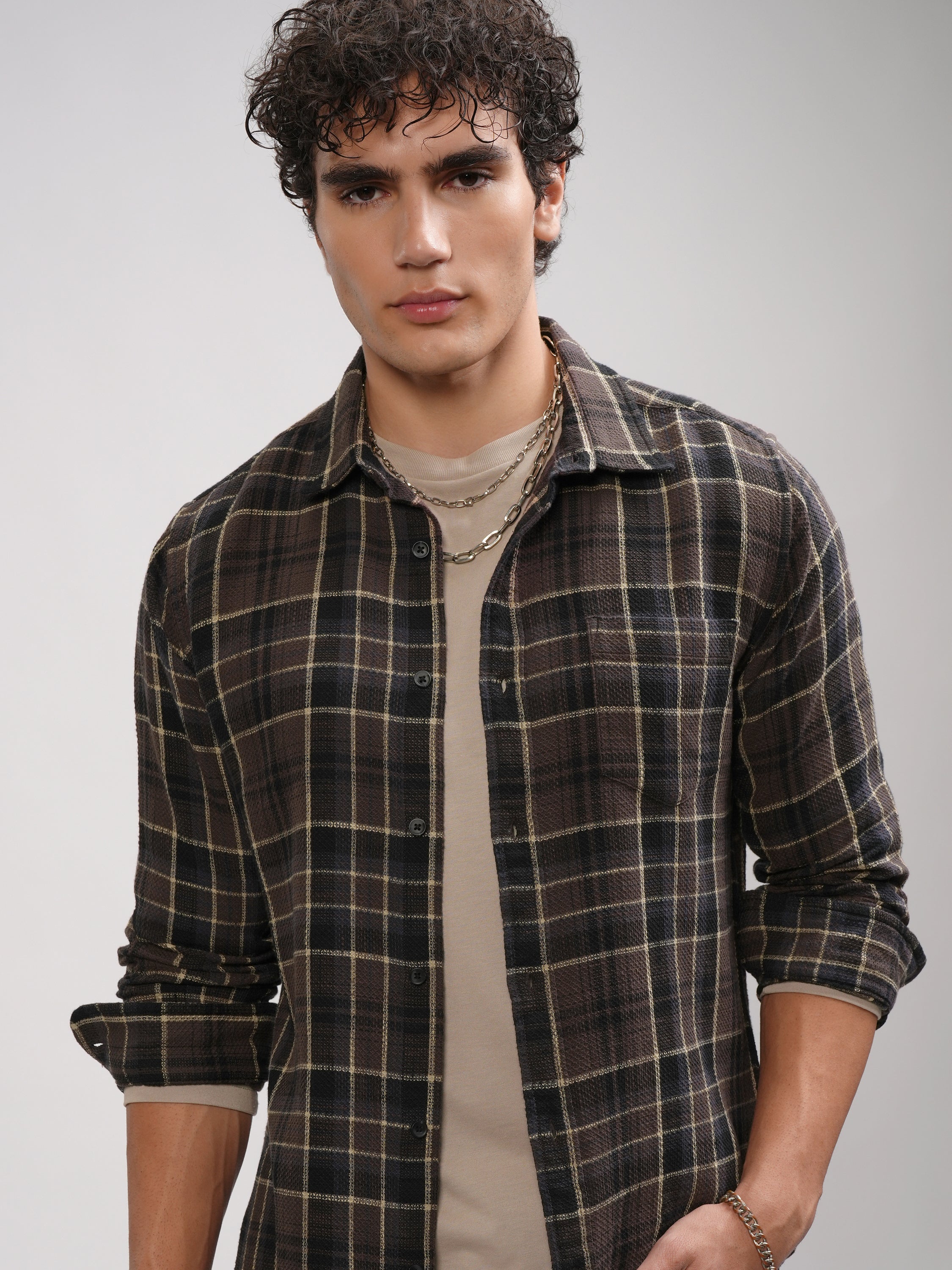 Highlander Men Brown Checked Slim Fit Casual Shirt - Brown - Image 1