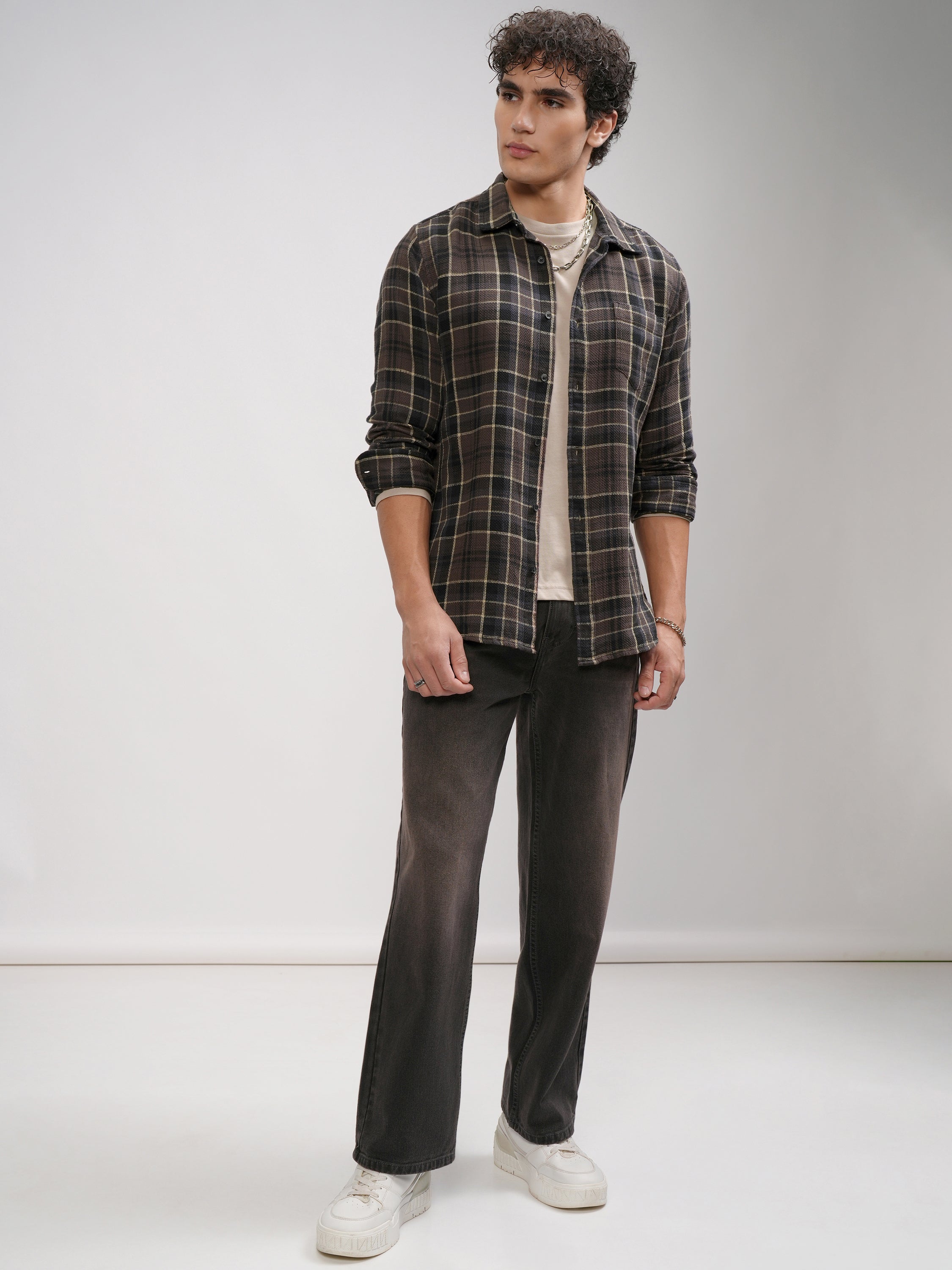 Highlander Men Brown Checked Slim Fit Casual Shirt - Brown - Image 2