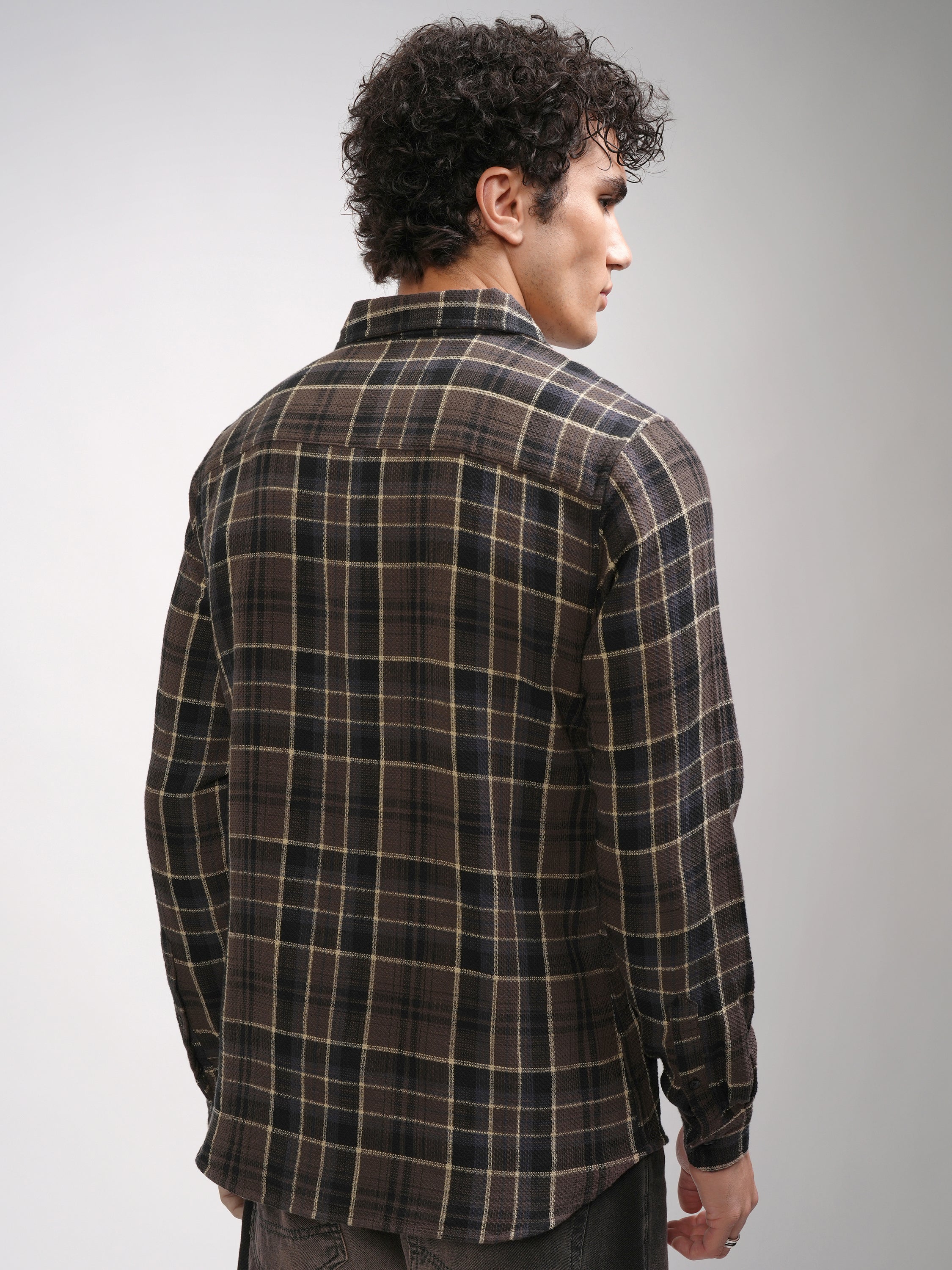Highlander Men Brown Checked Slim Fit Casual Shirt - Brown - Image 3