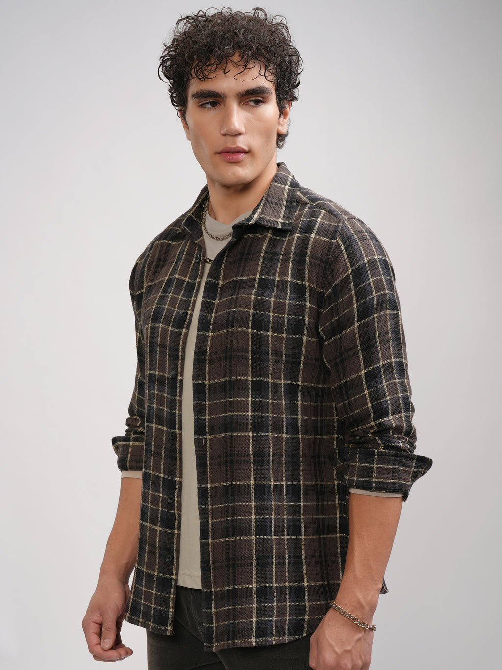 Highlander Men Brown Checked Slim Fit Casual Shirt - Brown - Image 4