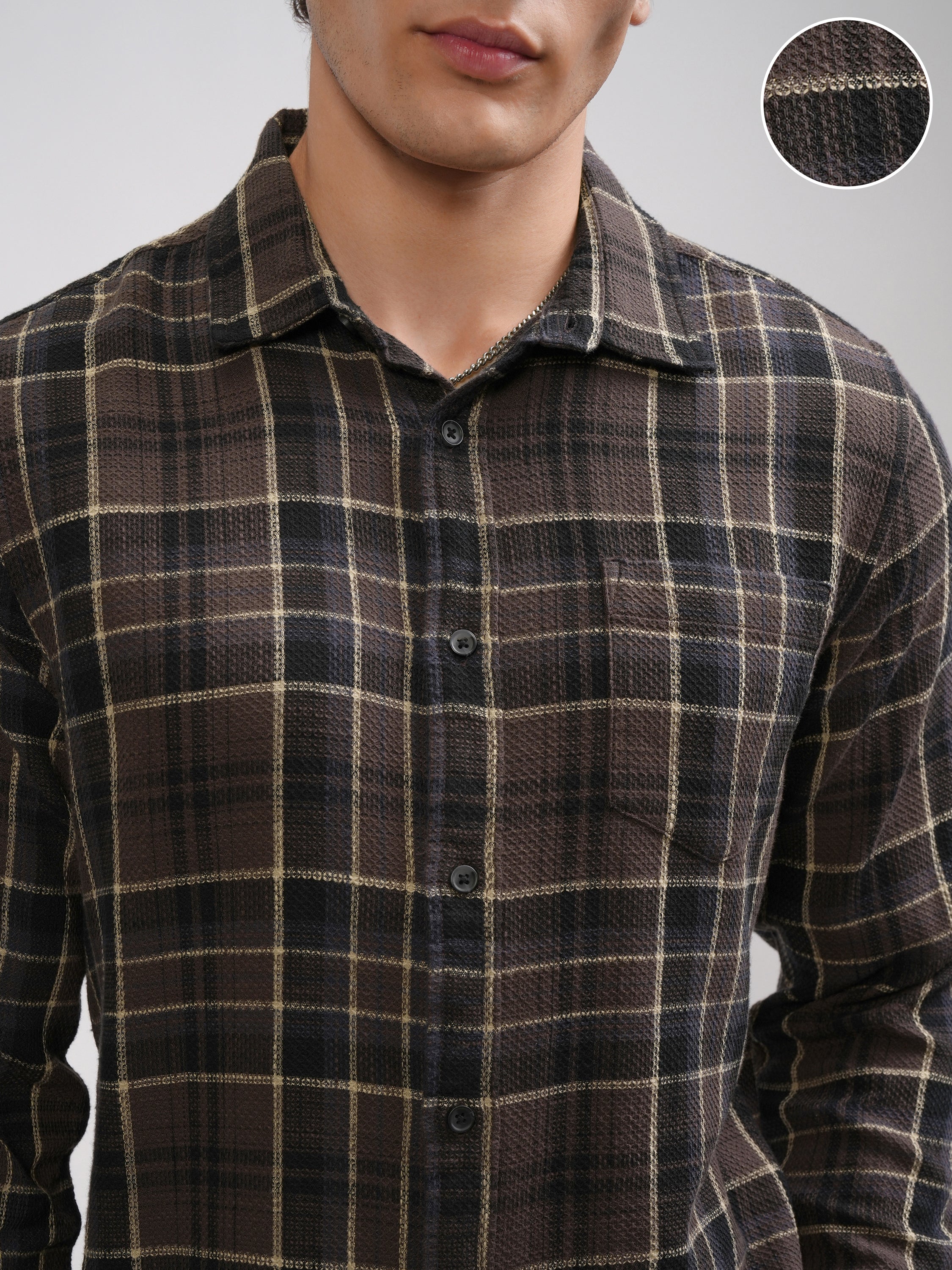 Highlander Men Brown Checked Slim Fit Casual Shirt - Brown - Image 5