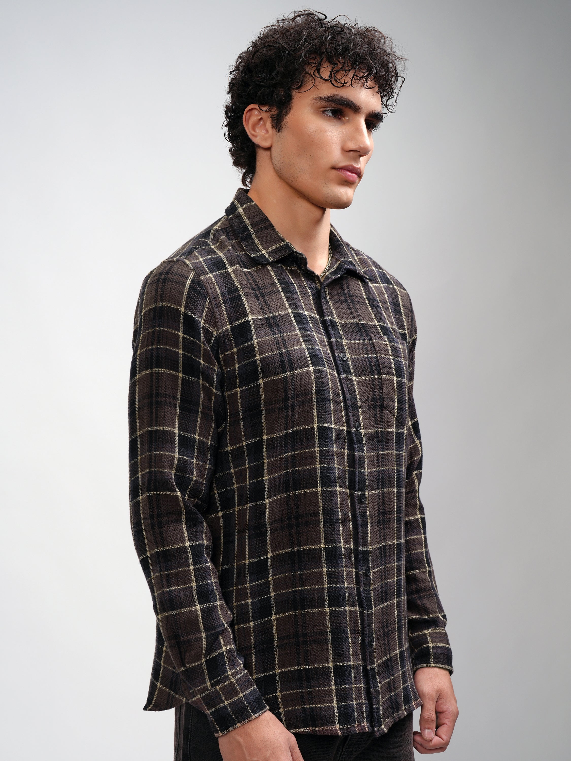 Highlander Men Brown Checked Slim Fit Casual Shirt - Brown - Image 6