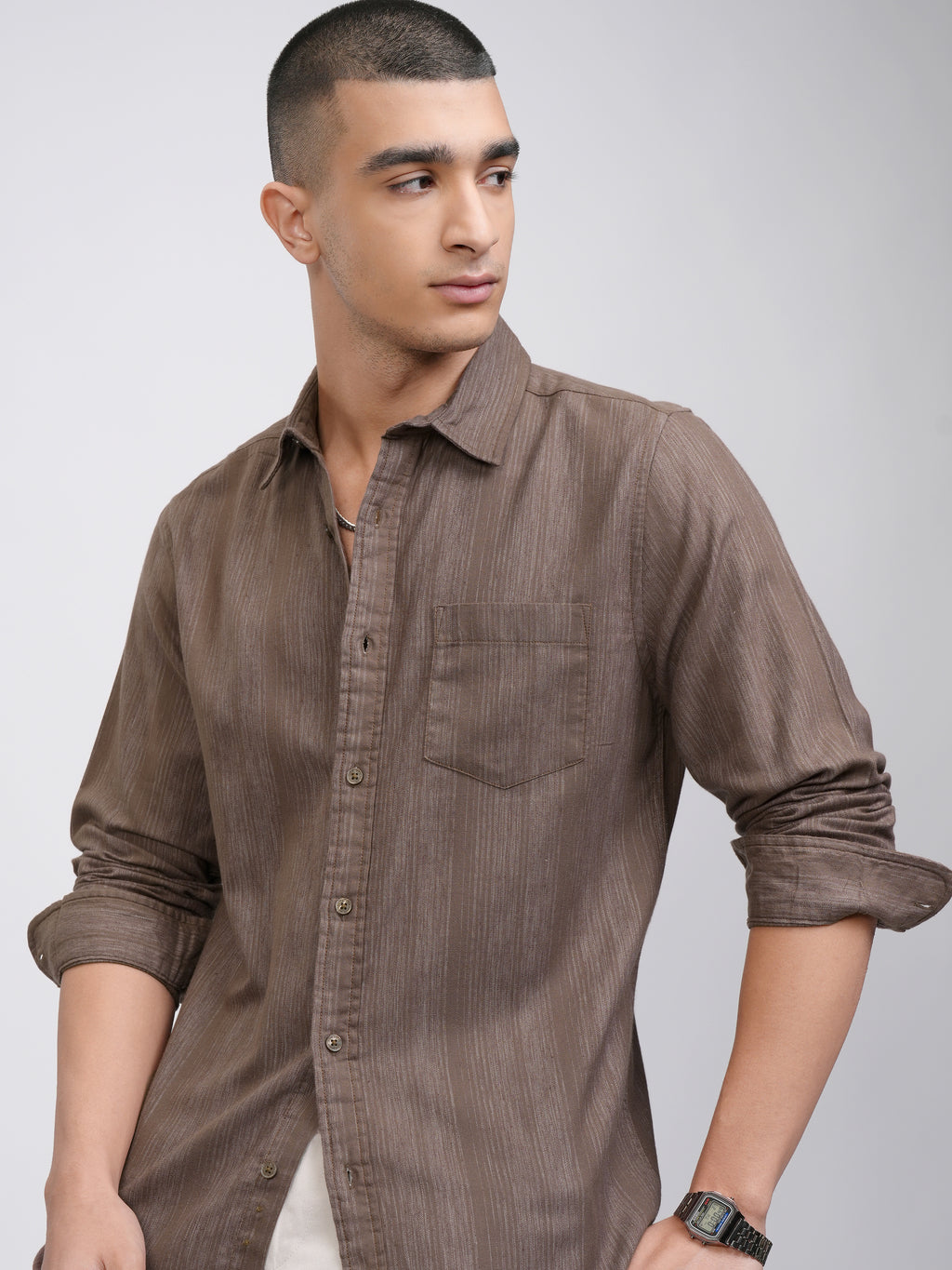 Highlander Men Khaki Striped Slim Fit Casual Shirt - Khaki - Image 1