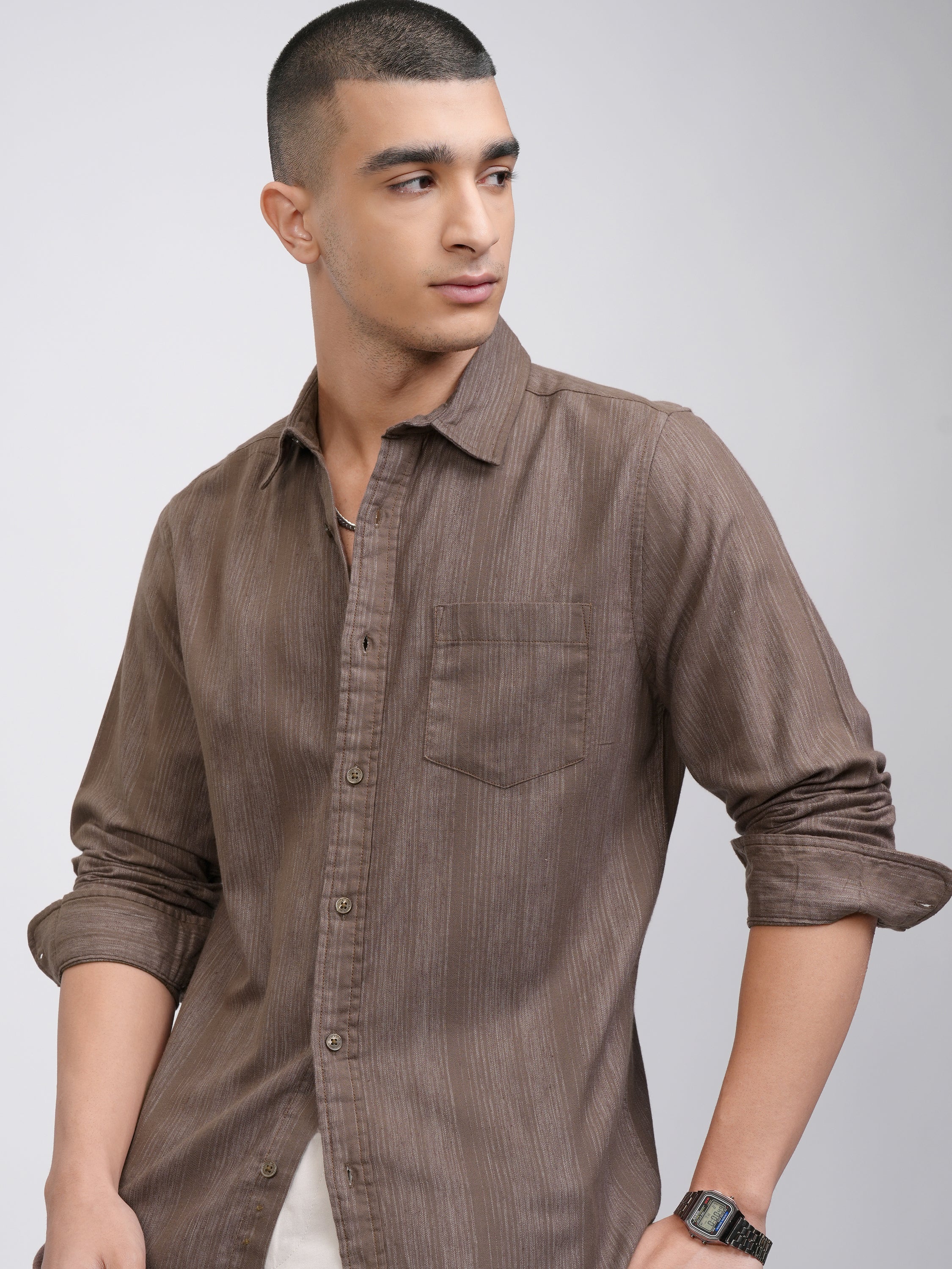 Highlander Men Khaki Striped Slim Fit Casual Shirt - Khaki - Image 1