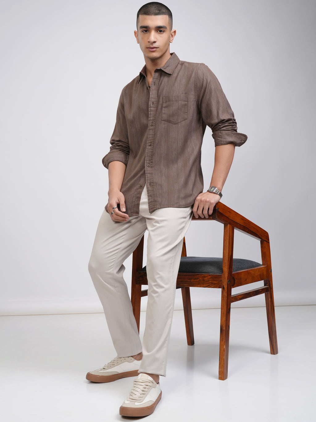 Highlander Men Khaki Striped Slim Fit Casual Shirt - Khaki - Image 2